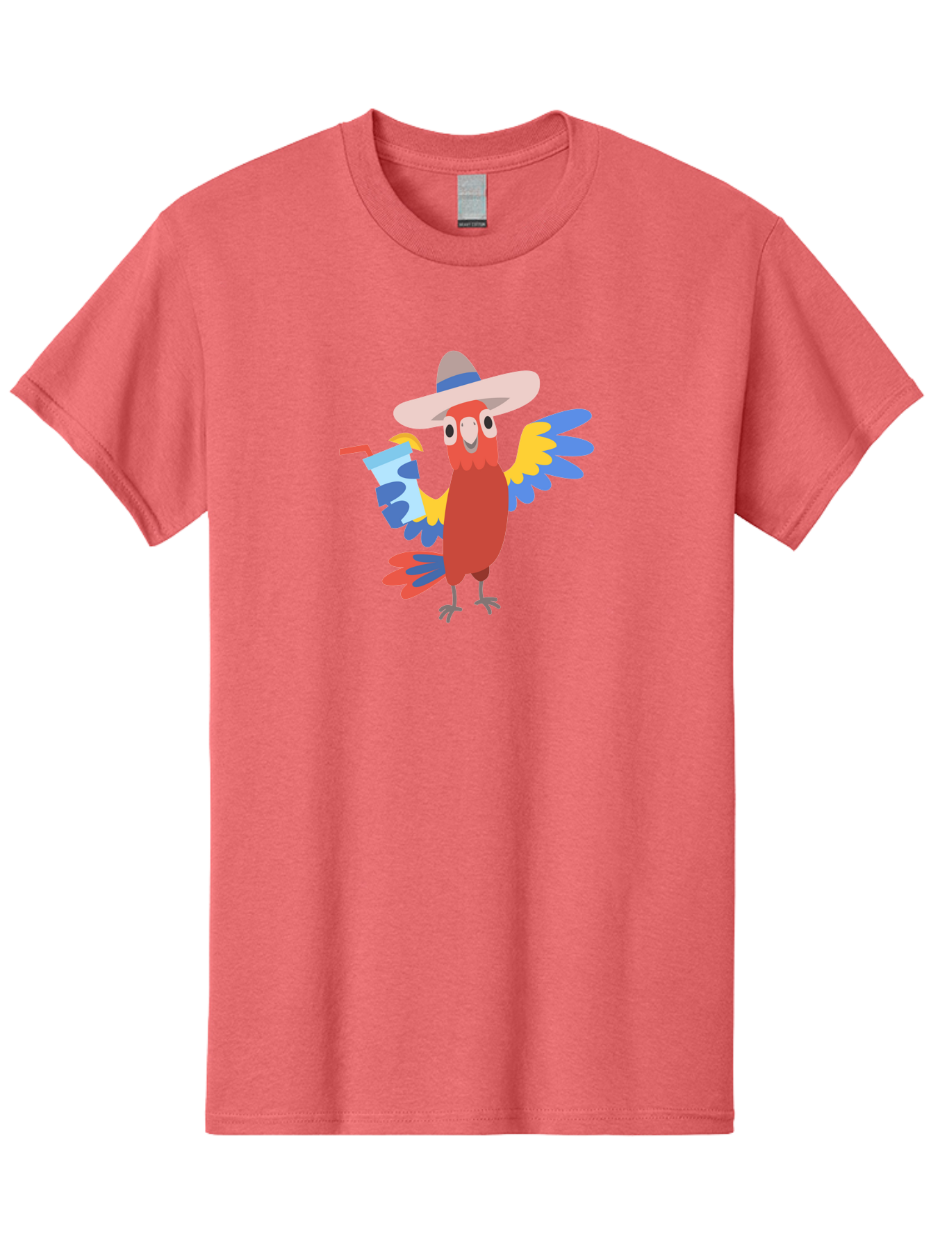 Parrot-Hat-Drink Men'S Graphic Tee, 100% Cotton, Comfortable Casual Summer Wear, Machine Washable, Colorful Parrot, Cartoon Parrot, Tropical Bird, Blue And Yellow Wings, Red Body, Large Hat, Striped Band, Cold Drink, Straw, Funny Character, Aab860 17
