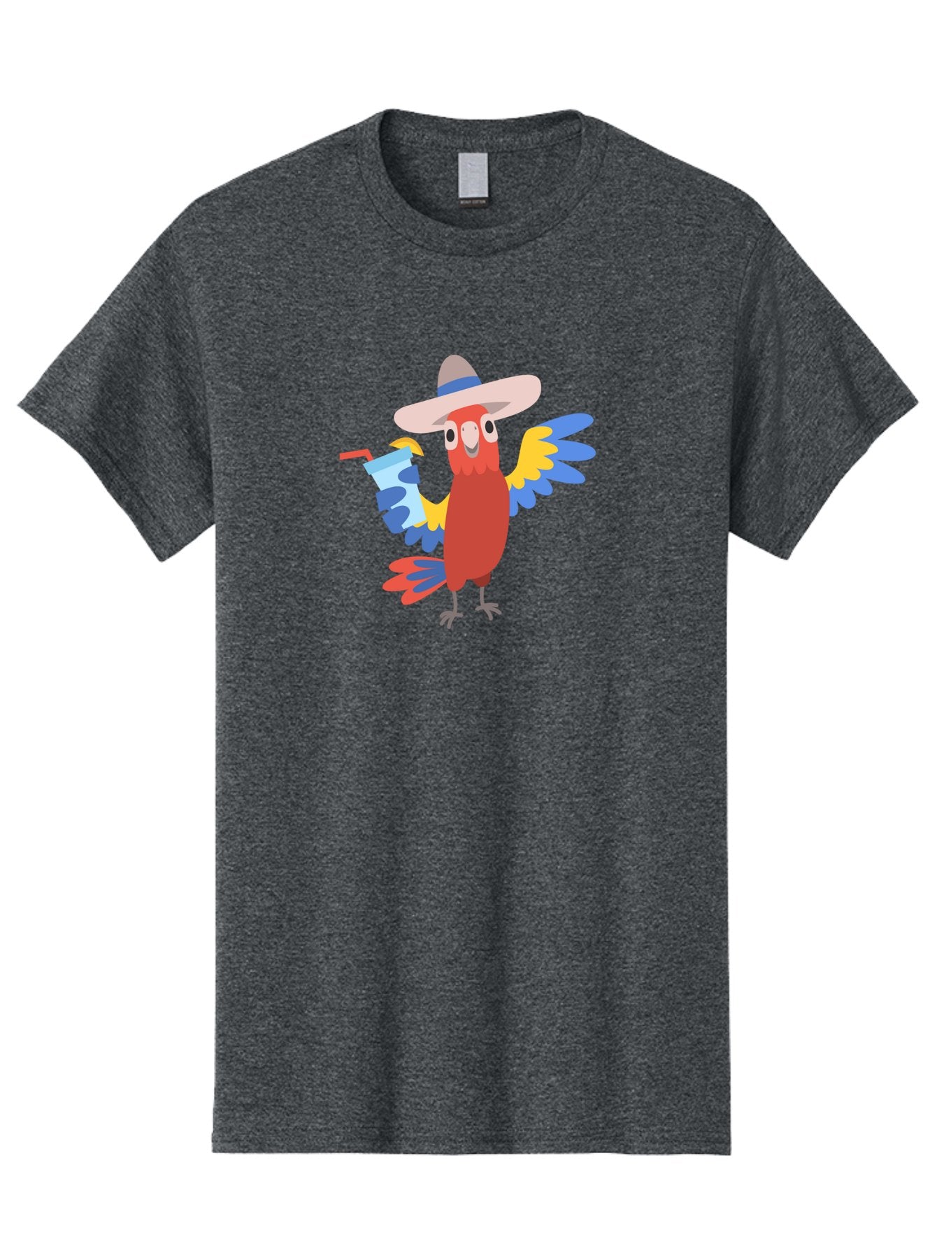 Parrot-Hat-Drink Men'S Graphic Tee, 100% Cotton, Comfortable Casual Summer Wear, Machine Washable, Colorful Parrot, Cartoon Parrot, Tropical Bird, Blue And Yellow Wings, Red Body, Large Hat, Striped Band, Cold Drink, Straw, Funny Character, Aab860 6