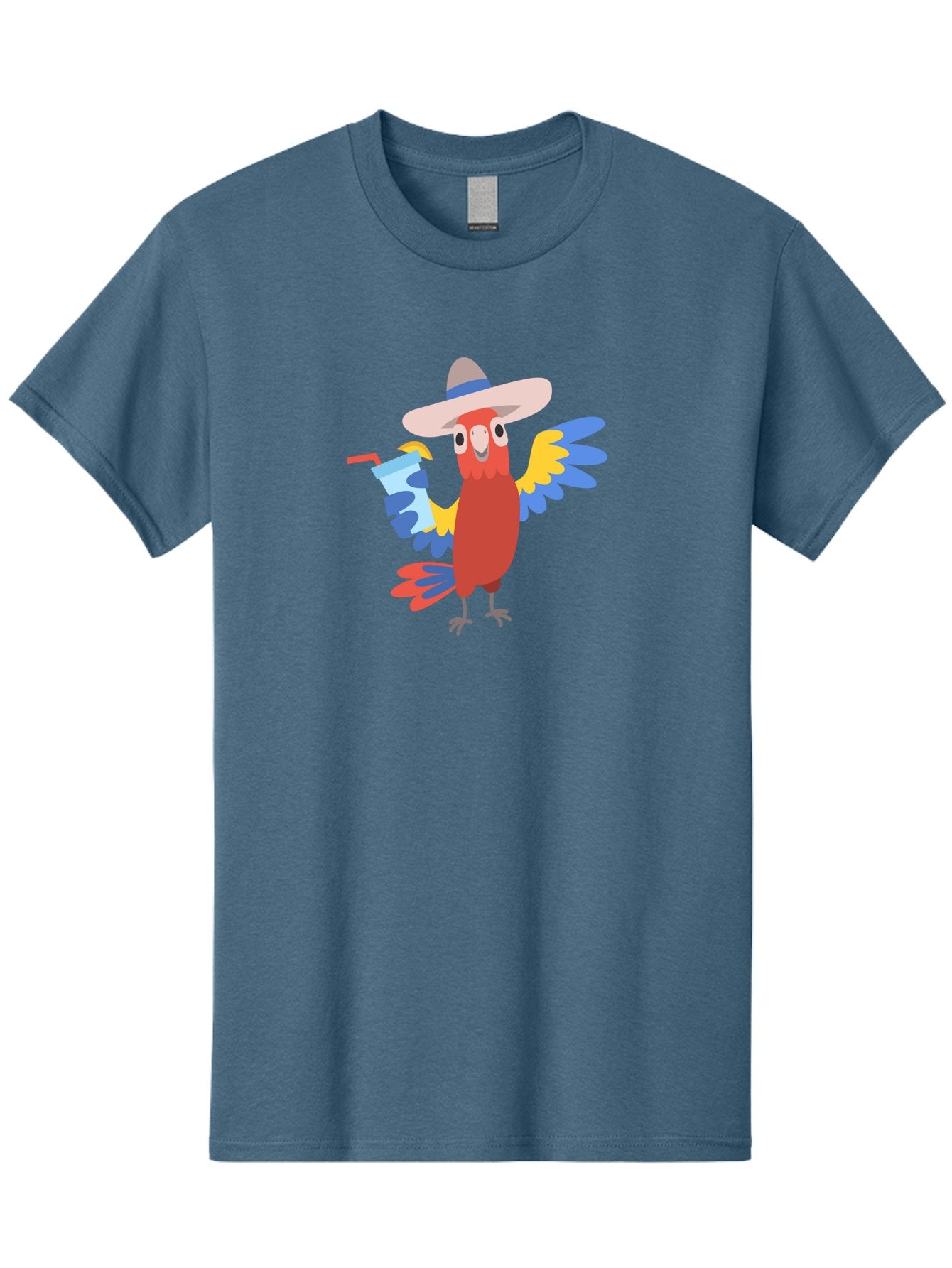 Parrot-Hat-Drink Men'S Graphic Tee, 100% Cotton, Comfortable Casual Summer Wear, Machine Washable, Colorful Parrot, Cartoon Parrot, Tropical Bird, Blue And Yellow Wings, Red Body, Large Hat, Striped Band, Cold Drink, Straw, Funny Character, Aab860 13
