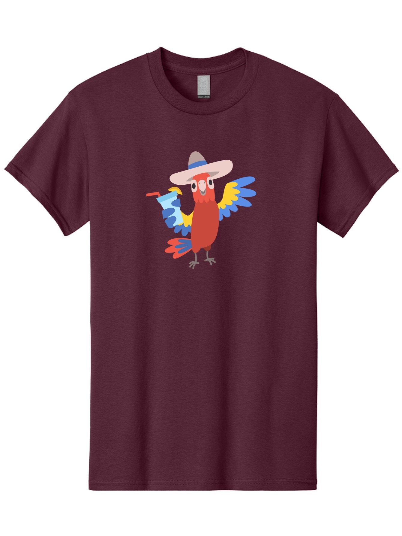 Parrot-Hat-Drink Men'S Graphic Tee, 100% Cotton, Comfortable Casual Summer Wear, Machine Washable, Colorful Parrot, Cartoon Parrot, Tropical Bird, Blue And Yellow Wings, Red Body, Large Hat, Striped Band, Cold Drink, Straw, Funny Character, Aab860 12