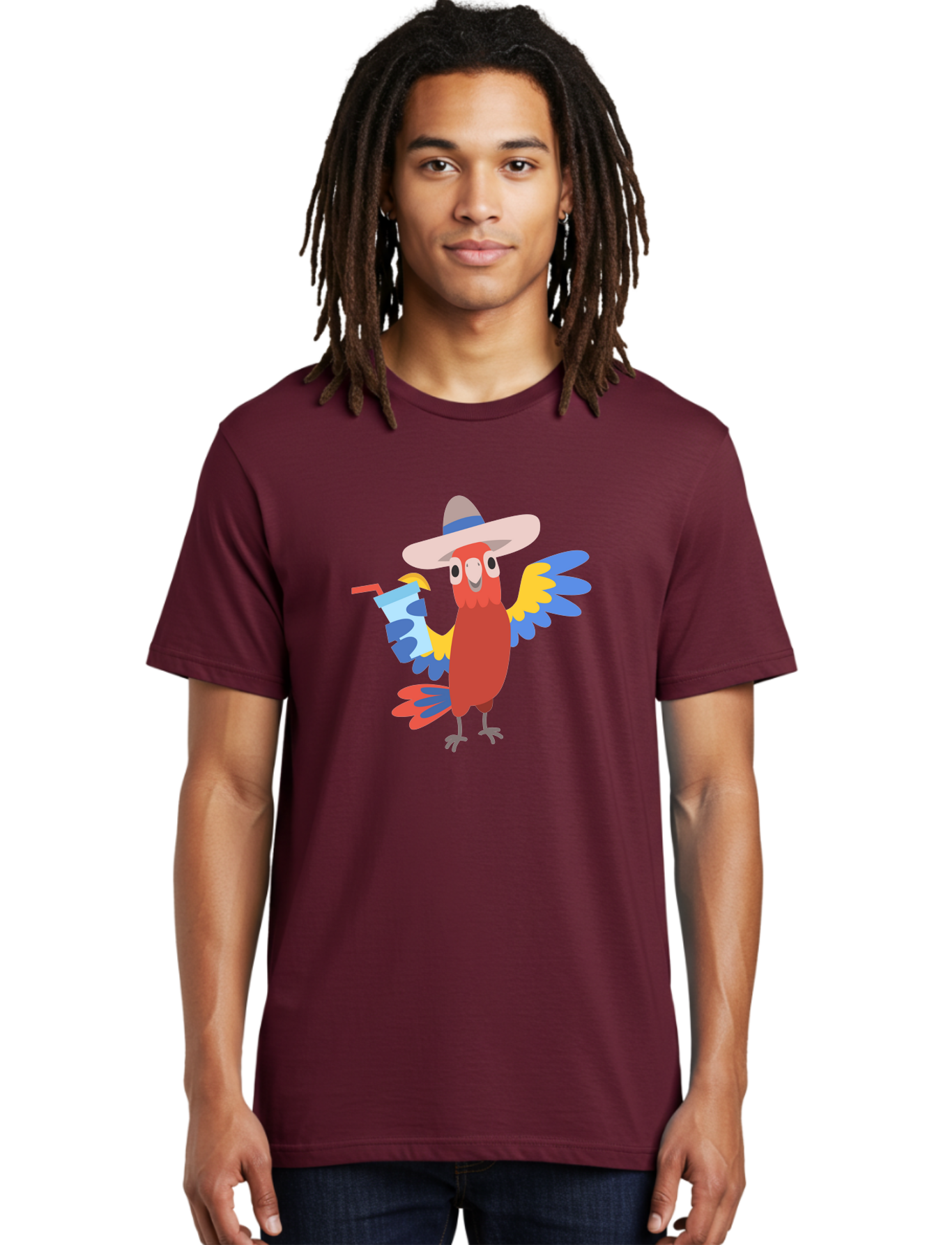 Parrot-Hat-Drink Men'S Graphic Tee, 100% Cotton, Comfortable Casual Summer Wear, Machine Washable, Colorful Parrot, Cartoon Parrot, Tropical Bird, Blue And Yellow Wings, Red Body, Large Hat, Striped Band, Cold Drink, Straw, Funny Character, Aab860 6