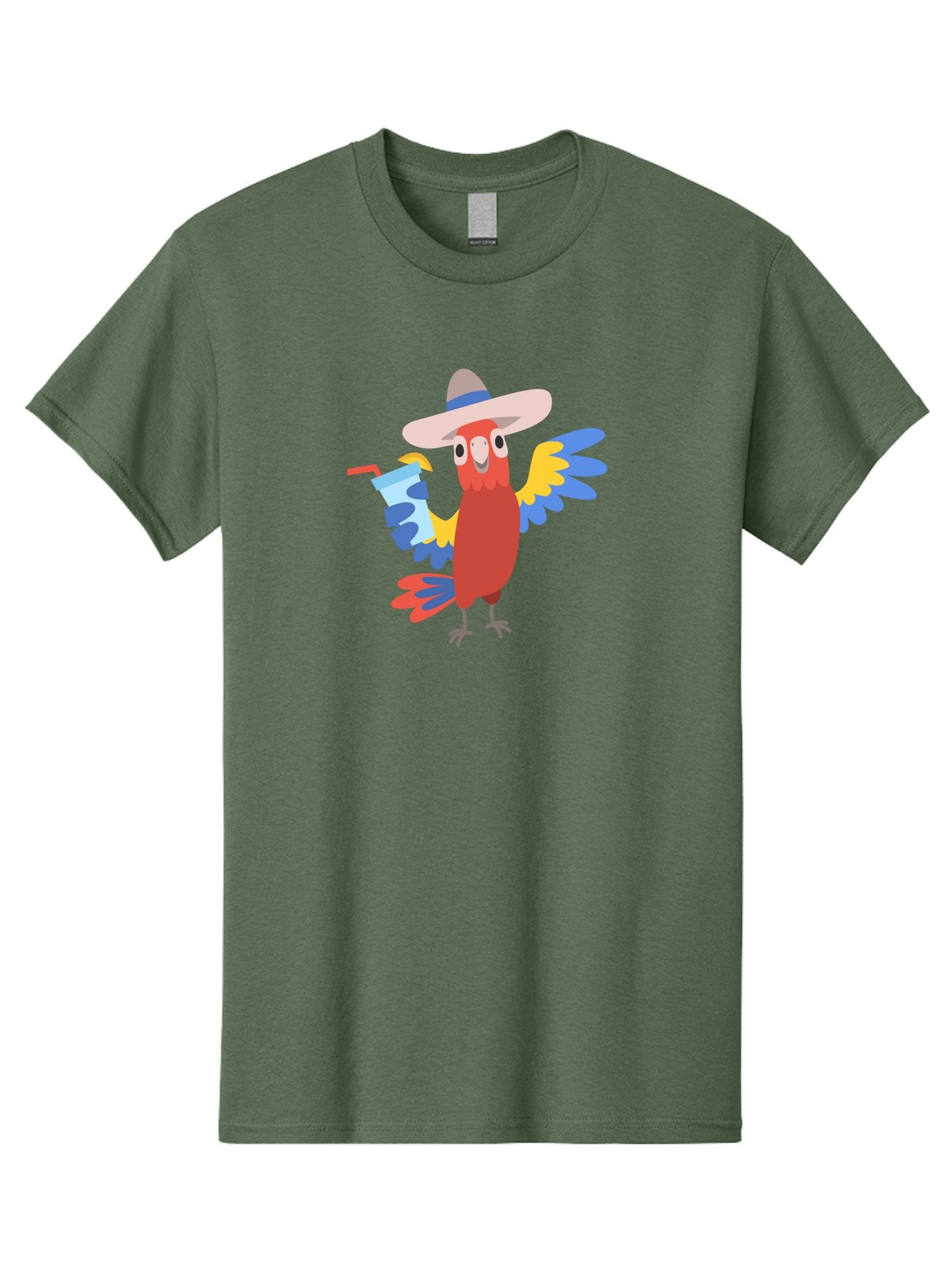 Parrot-Hat-Drink Men'S Graphic Tee, 100% Cotton, Comfortable Casual Summer Wear, Machine Washable, Colorful Parrot, Cartoon Parrot, Tropical Bird, Blue And Yellow Wings, Red Body, Large Hat, Striped Band, Cold Drink, Straw, Funny Character, Aab860 11