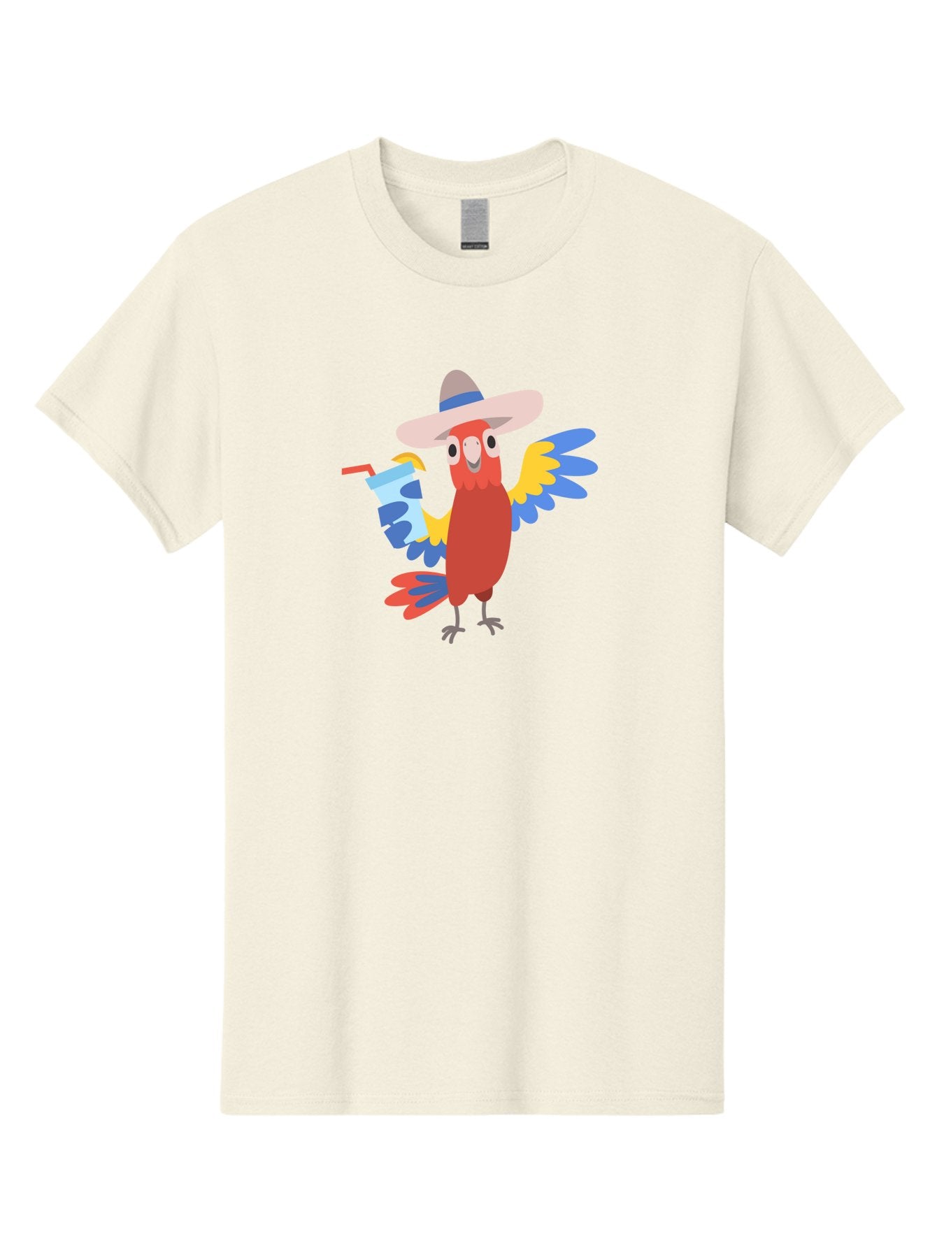 Parrot-Hat-Drink Men'S Graphic Tee, 100% Cotton, Comfortable Casual Summer Wear, Machine Washable, Colorful Parrot, Cartoon Parrot, Tropical Bird, Blue And Yellow Wings, Red Body, Large Hat, Striped Band, Cold Drink, Straw, Funny Character, Aab860 10