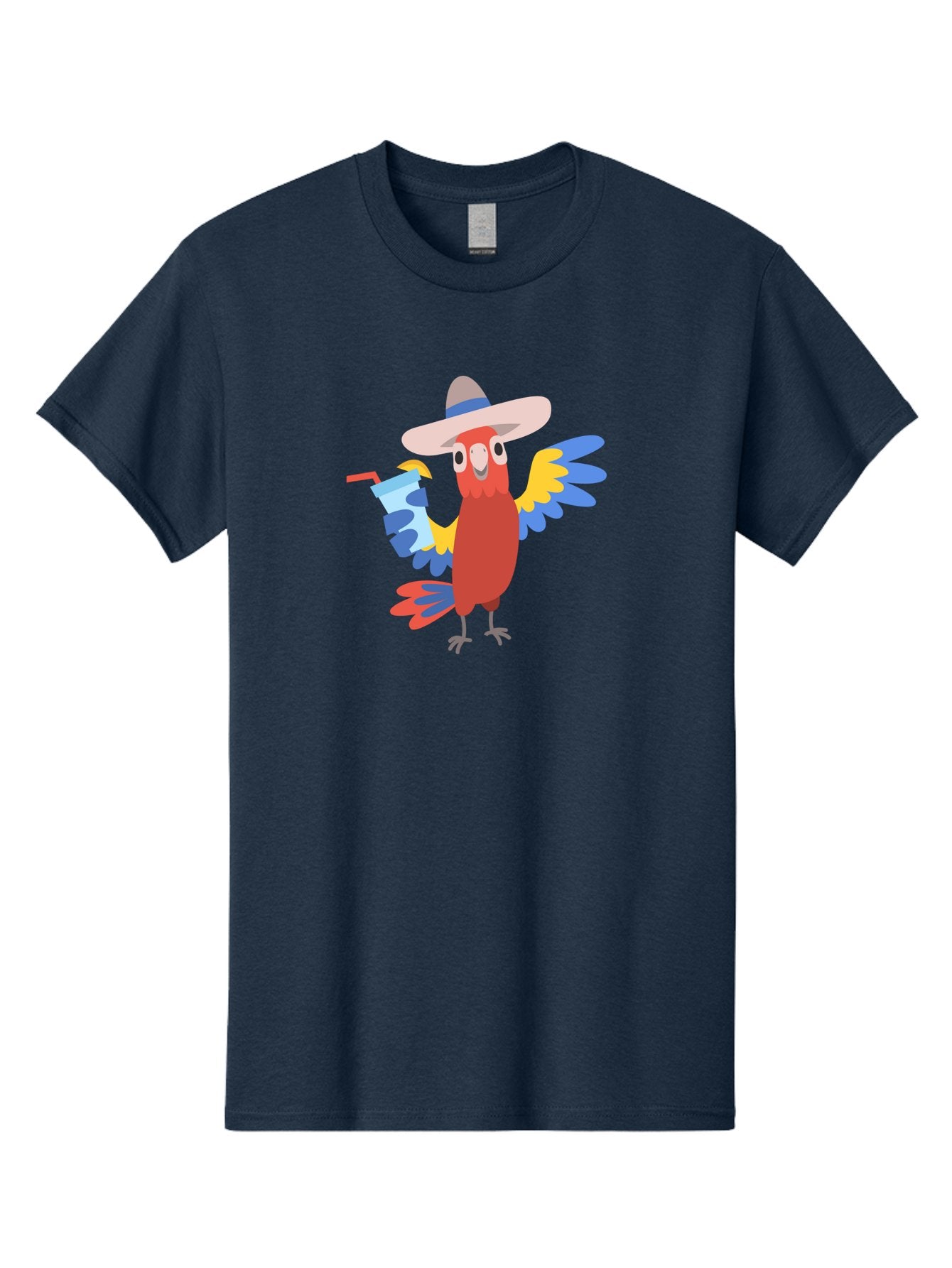 Parrot-Hat-Drink Men'S Graphic Tee, 100% Cotton, Comfortable Casual Summer Wear, Machine Washable, Colorful Parrot, Cartoon Parrot, Tropical Bird, Blue And Yellow Wings, Red Body, Large Hat, Striped Band, Cold Drink, Straw, Funny Character, Aab860 5