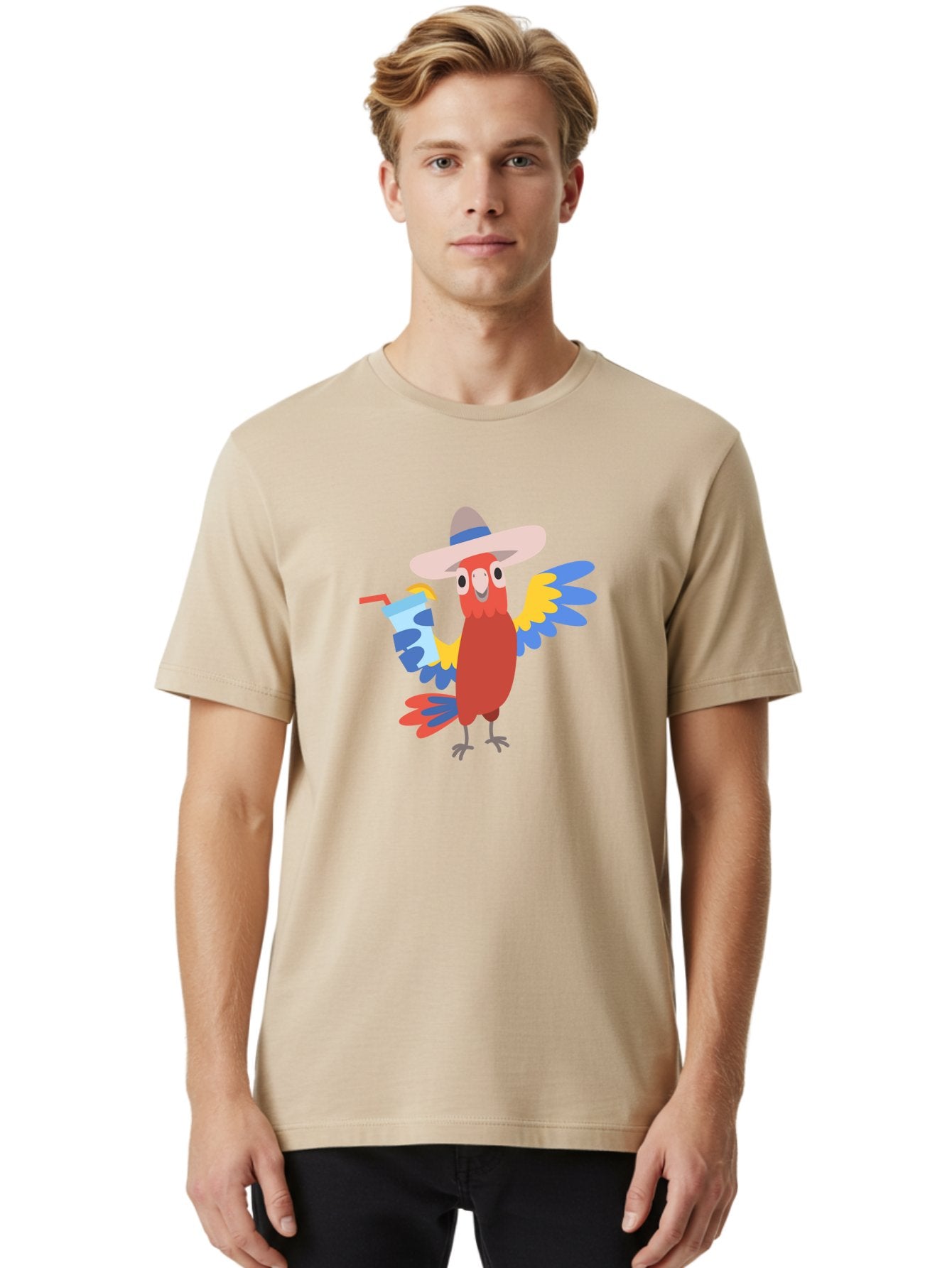 Parrot-Hat-Drink Men'S Graphic Tee, 100% Cotton, Comfortable Casual Summer Wear, Machine Washable, Colorful Parrot, Cartoon Parrot, Tropical Bird, Blue And Yellow Wings, Red Body, Large Hat, Striped Band, Cold Drink, Straw, Funny Character, Aab860 29