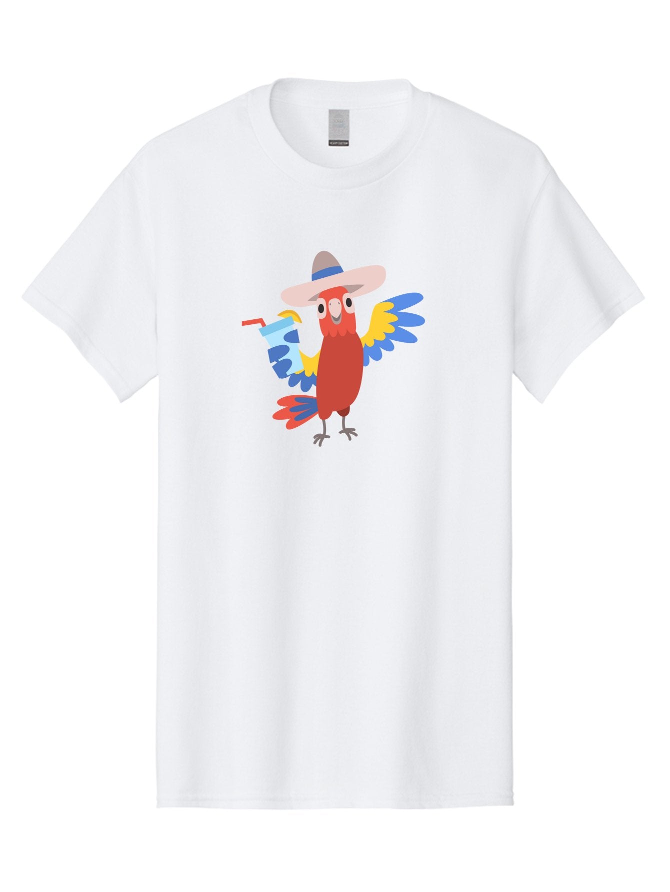 Parrot-Hat-Drink Men'S Graphic Tee, 100% Cotton, Comfortable Casual Summer Wear, Machine Washable, Colorful Parrot, Cartoon Parrot, Tropical Bird, Blue And Yellow Wings, Red Body, Large Hat, Striped Band, Cold Drink, Straw, Funny Character, Aab860 4