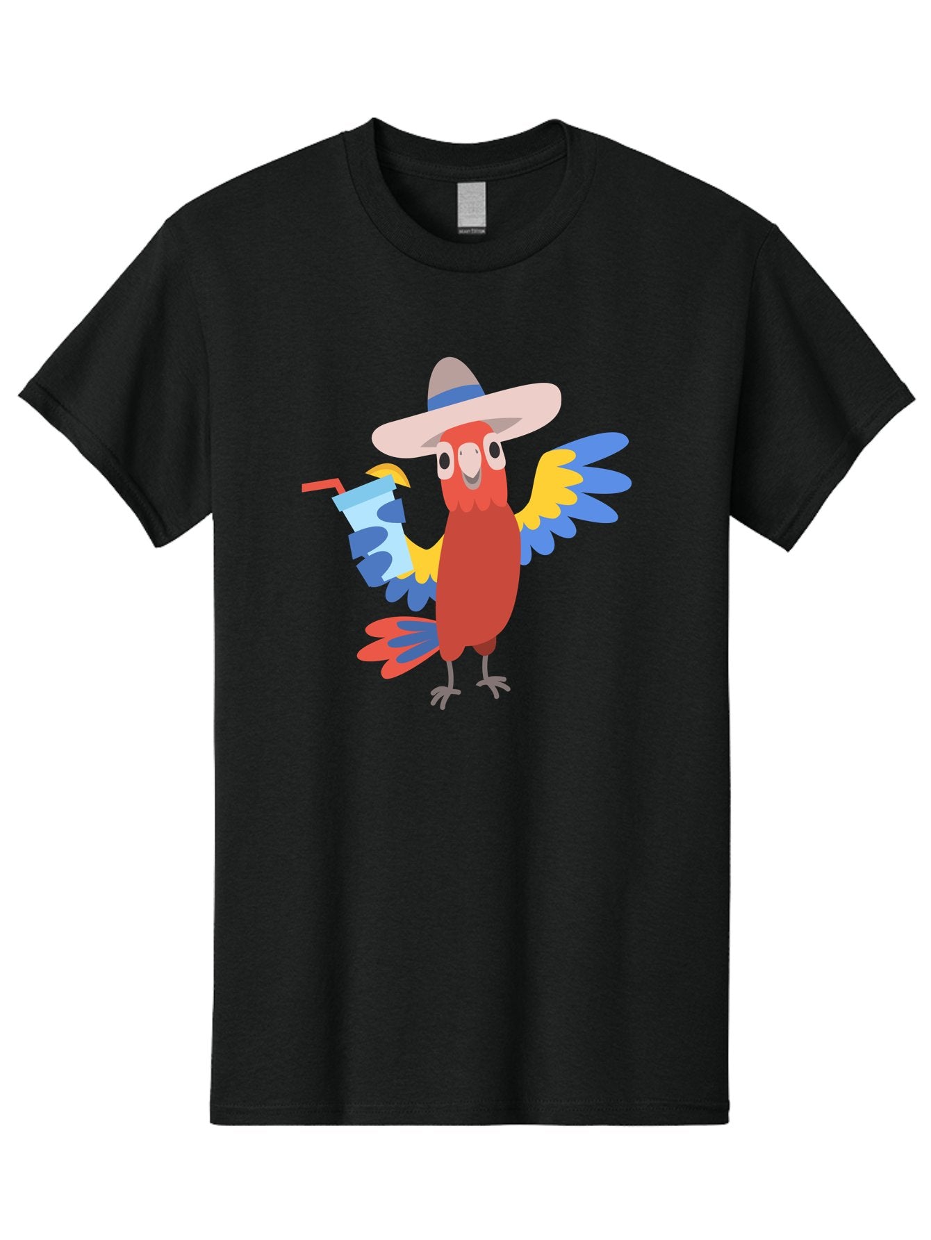Parrot-In-Hat Men'S Graphic Tee, 100% Cotton, Comfortable Casual Summer Wear, Machine Washable, Colorful Cartoon Parrot, Tropical Bird, Cartoon Character, Wide-Brimmed Hat, Straw Hat, Festive Atmosphere, Playful Design, Vibrant Colors, Aab863 7