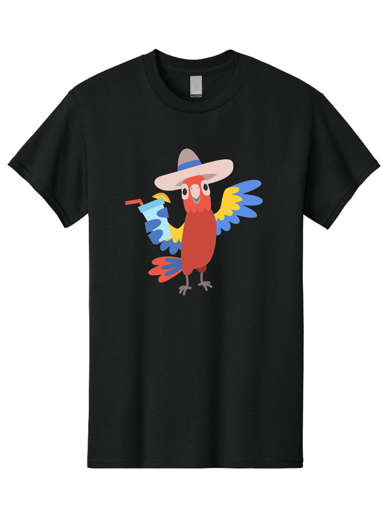 Parrot-In-Hat Men'S Graphic Tee, 100% Cotton, Comfortable Casual Summer Wear, Machine Washable, Colorful Cartoon Parrot, Tropical Bird, Cartoon Character, Wide-Brimmed Hat, Straw Hat, Festive Atmosphere, Playful Design, Vibrant Colors, Aab863 25