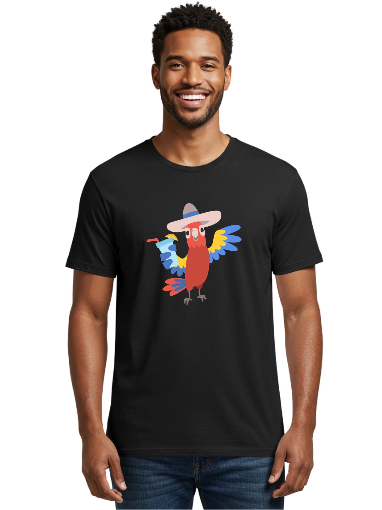 Parrot-In-Hat Men'S Graphic Tee, 100% Cotton, Comfortable Casual Summer Wear, Machine Washable, Colorful Cartoon Parrot, Tropical Bird, Cartoon Character, Wide-Brimmed Hat, Straw Hat, Festive Atmosphere, Playful Design, Vibrant Colors, Aab863 16