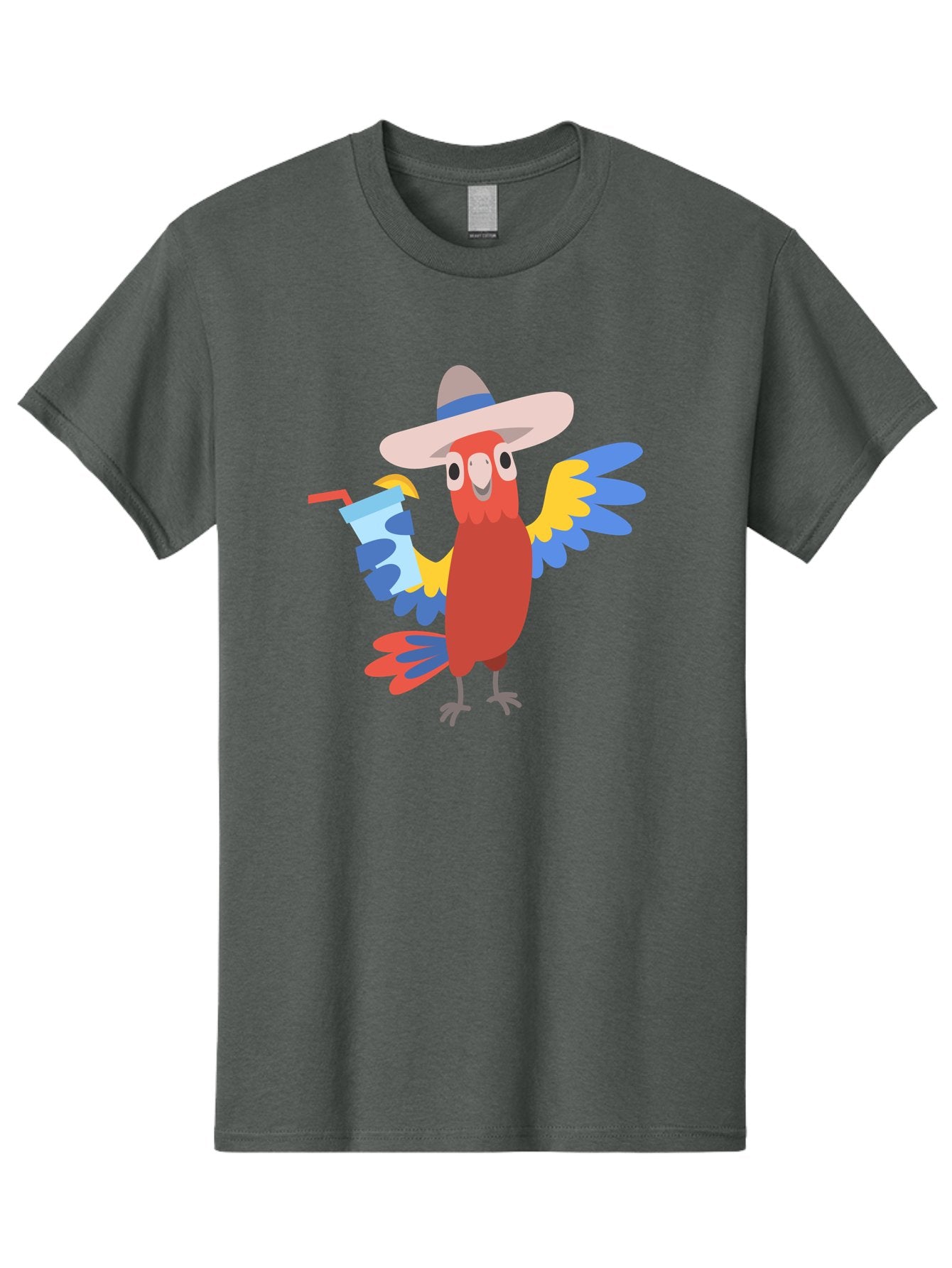 Parrot-In-Hat Men'S Graphic Tee, 100% Cotton, Comfortable Casual Summer Wear, Machine Washable, Colorful Cartoon Parrot, Tropical Bird, Cartoon Character, Wide-Brimmed Hat, Straw Hat, Festive Atmosphere, Playful Design, Vibrant Colors, Aab863 14