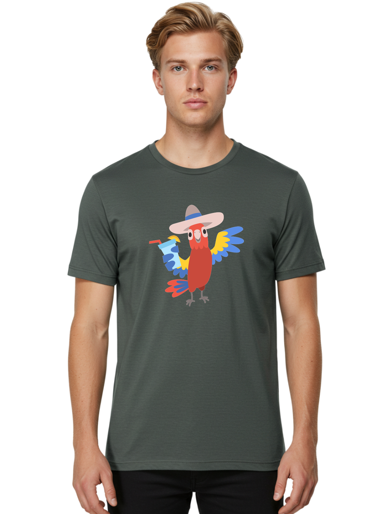 Parrot-In-Hat Men'S Graphic Tee, 100% Cotton, Comfortable Casual Summer Wear, Machine Washable, Colorful Cartoon Parrot, Tropical Bird, Cartoon Character, Wide-Brimmed Hat, Straw Hat, Festive Atmosphere, Playful Design, Vibrant Colors, Aab863 4