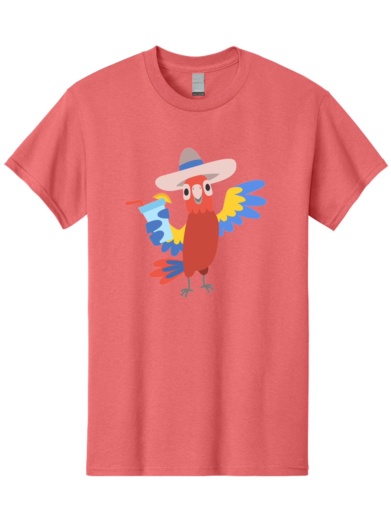 Parrot-In-Hat Men'S Graphic Tee, 100% Cotton, Comfortable Casual Summer Wear, Machine Washable, Colorful Cartoon Parrot, Tropical Bird, Cartoon Character, Wide-Brimmed Hat, Straw Hat, Festive Atmosphere, Playful Design, Vibrant Colors, Aab863 9