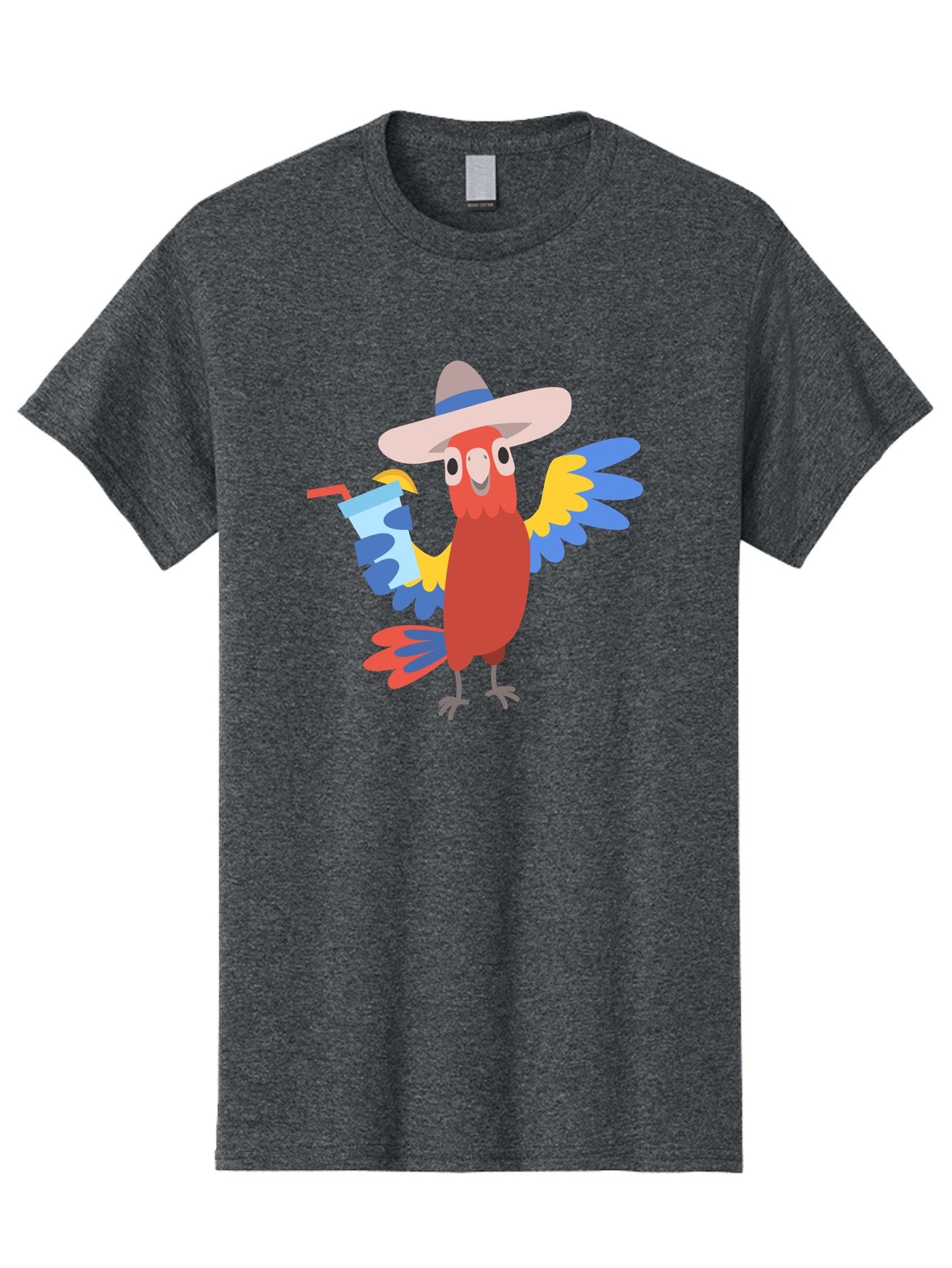 Parrot-In-Hat Men'S Graphic Tee, 100% Cotton, Comfortable Casual Summer Wear, Machine Washable, Colorful Cartoon Parrot, Tropical Bird, Cartoon Character, Wide-Brimmed Hat, Straw Hat, Festive Atmosphere, Playful Design, Vibrant Colors, Aab863 5