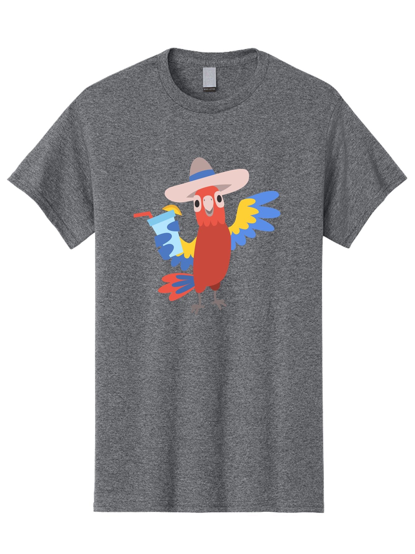 Parrot-In-Hat Men'S Graphic Tee, 100% Cotton, Comfortable Casual Summer Wear, Machine Washable, Colorful Cartoon Parrot, Tropical Bird, Cartoon Character, Wide-Brimmed Hat, Straw Hat, Festive Atmosphere, Playful Design, Vibrant Colors, Aab863
