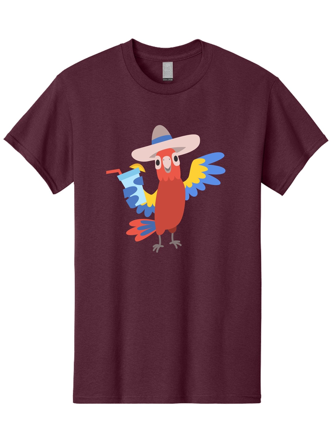 Parrot-In-Hat Men'S Graphic Tee, 100% Cotton, Comfortable Casual Summer Wear, Machine Washable, Colorful Cartoon Parrot, Tropical Bird, Cartoon Character, Wide-Brimmed Hat, Straw Hat, Festive Atmosphere, Playful Design, Vibrant Colors, Aab863
