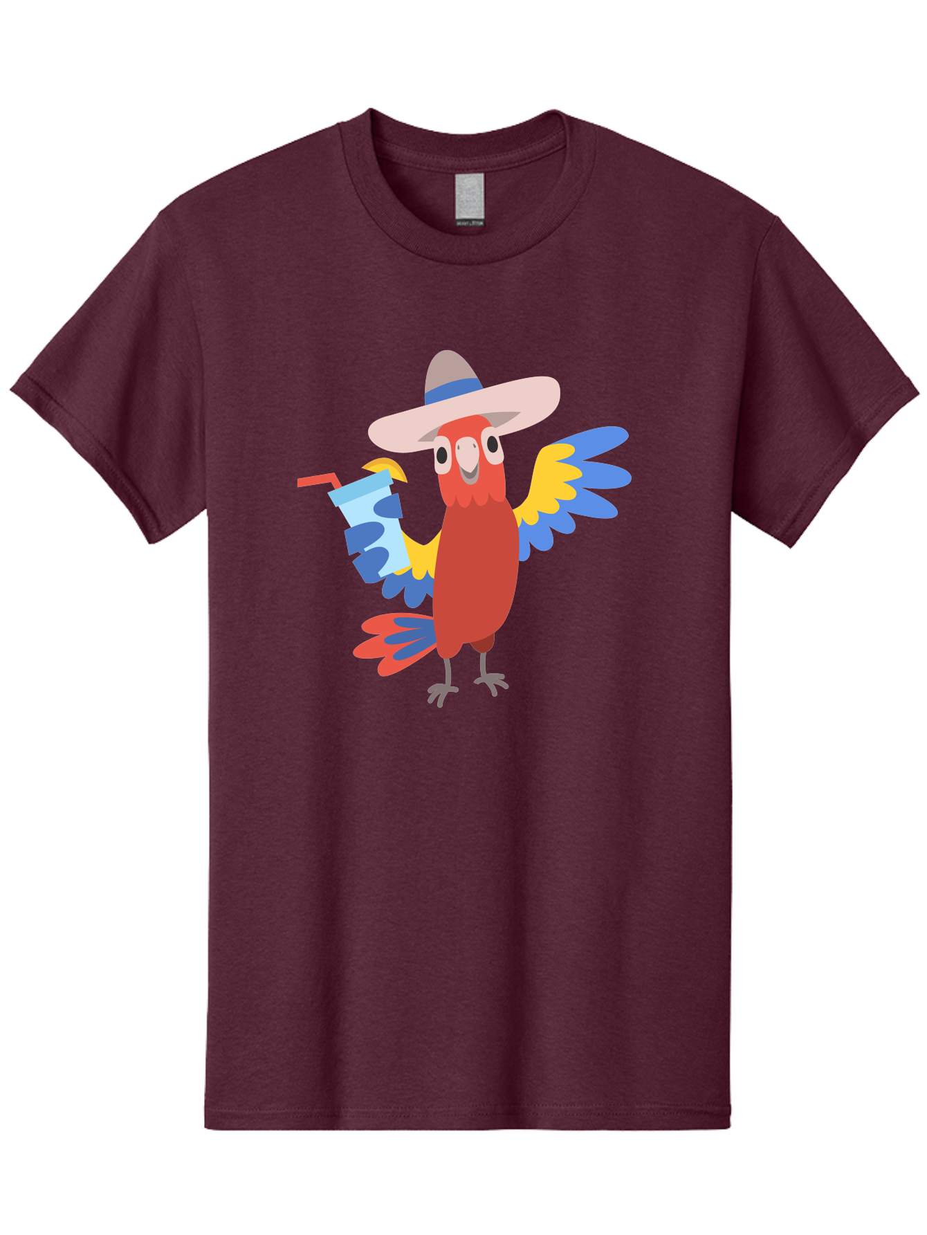 Parrot-In-Hat Men'S Graphic Tee, 100% Cotton, Comfortable Casual Summer Wear, Machine Washable, Colorful Cartoon Parrot, Tropical Bird, Cartoon Character, Wide-Brimmed Hat, Straw Hat, Festive Atmosphere, Playful Design, Vibrant Colors, Aab863 21