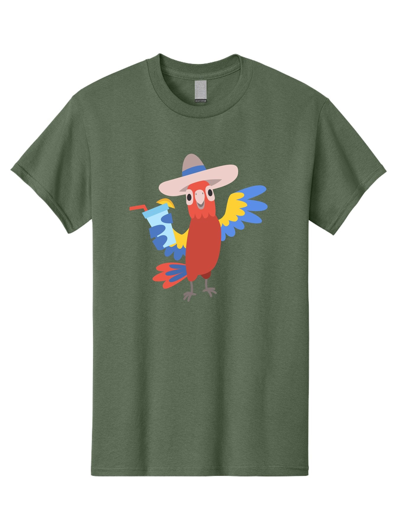 Parrot-In-Hat Men'S Graphic Tee, 100% Cotton, Comfortable Casual Summer Wear, Machine Washable, Colorful Cartoon Parrot, Tropical Bird, Cartoon Character, Wide-Brimmed Hat, Straw Hat, Festive Atmosphere, Playful Design, Vibrant Colors, Aab863 13
