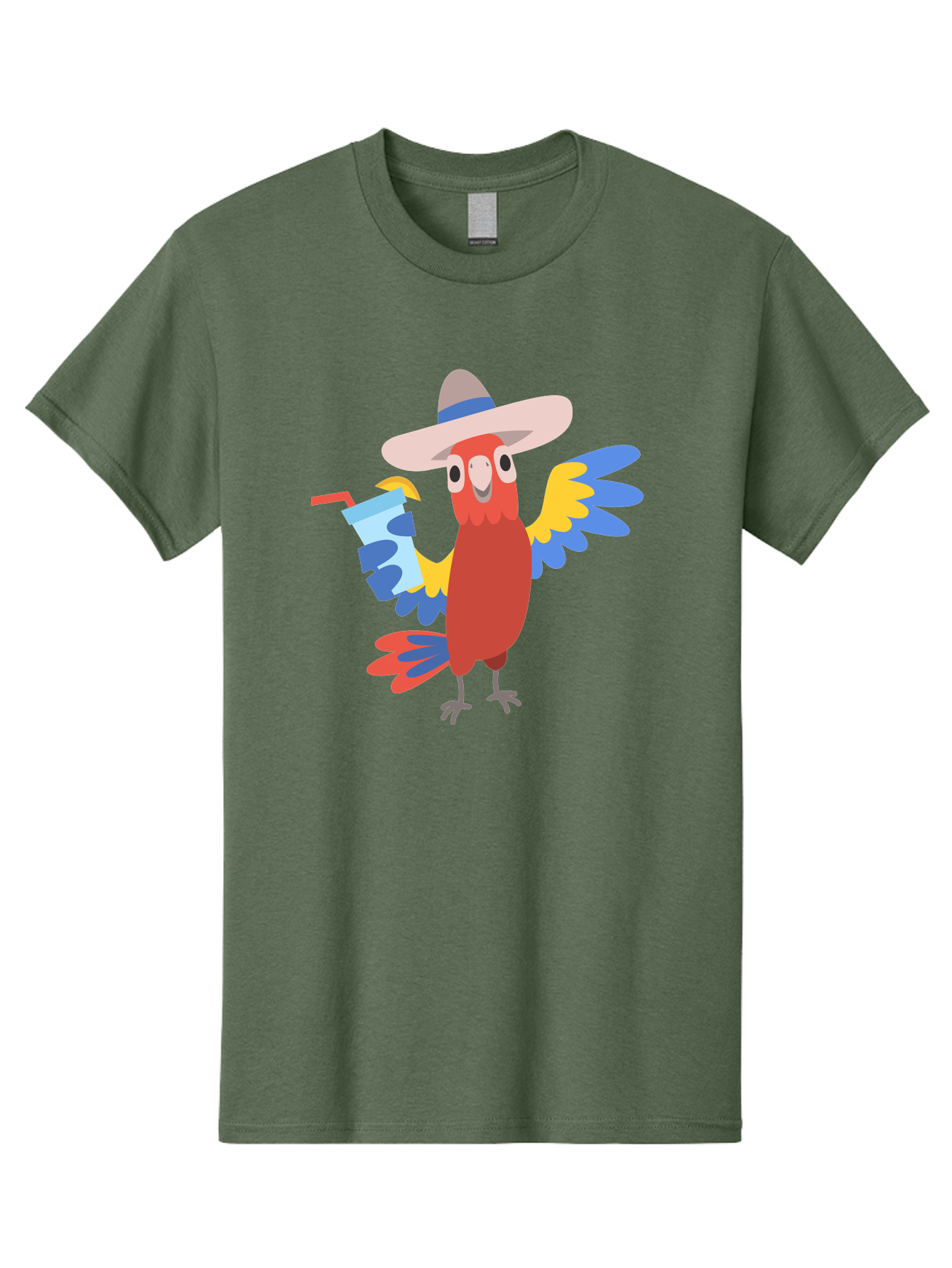 Parrot-In-Hat Men'S Graphic Tee, 100% Cotton, Comfortable Casual Summer Wear, Machine Washable, Colorful Cartoon Parrot, Tropical Bird, Cartoon Character, Wide-Brimmed Hat, Straw Hat, Festive Atmosphere, Playful Design, Vibrant Colors, Aab863 29