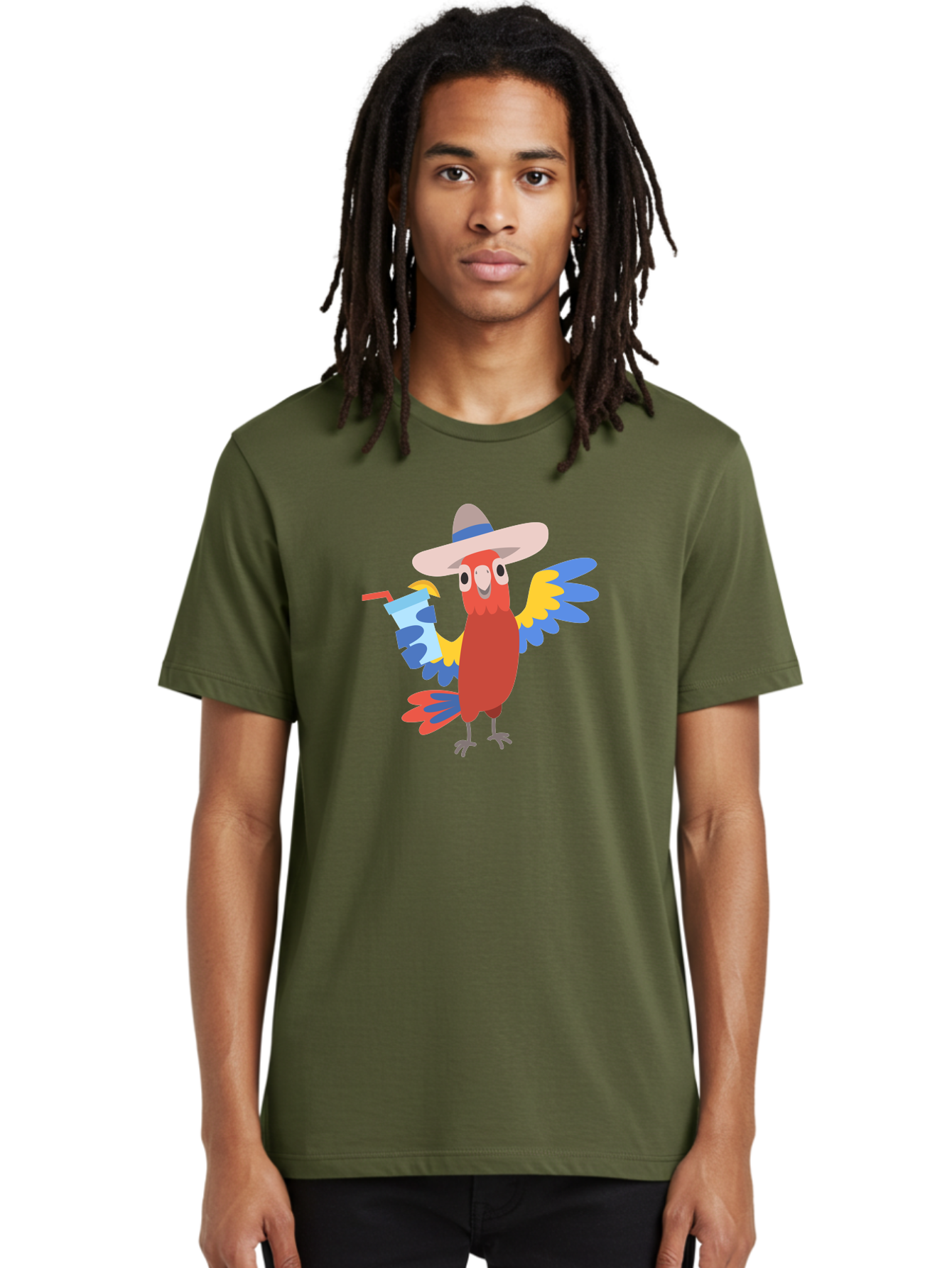 Parrot-In-Hat Men'S Graphic Tee, 100% Cotton, Comfortable Casual Summer Wear, Machine Washable, Colorful Cartoon Parrot, Tropical Bird, Cartoon Character, Wide-Brimmed Hat, Straw Hat, Festive Atmosphere, Playful Design, Vibrant Colors, Aab863 30