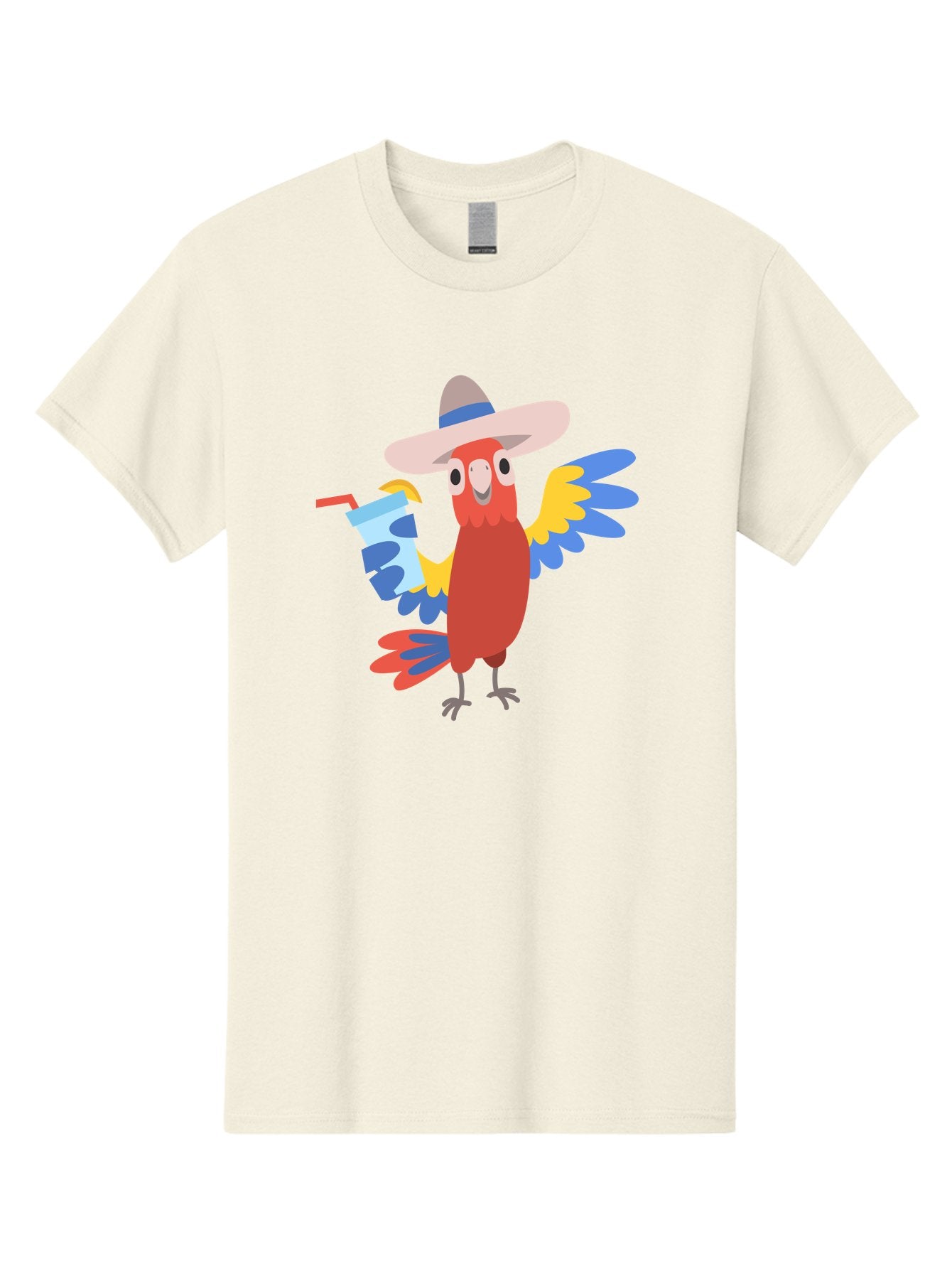 Parrot-In-Hat Men'S Graphic Tee, 100% Cotton, Comfortable Casual Summer Wear, Machine Washable, Colorful Cartoon Parrot, Tropical Bird, Cartoon Character, Wide-Brimmed Hat, Straw Hat, Festive Atmosphere, Playful Design, Vibrant Colors, Aab863 10