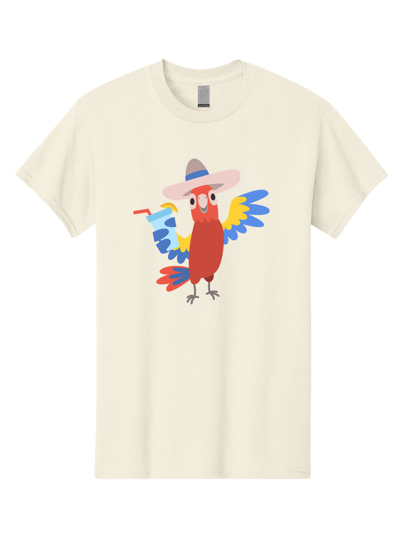 Parrot-In-Hat Men'S Graphic Tee, 100% Cotton, Comfortable Casual Summer Wear, Machine Washable, Colorful Cartoon Parrot, Tropical Bird, Cartoon Character, Wide-Brimmed Hat, Straw Hat, Festive Atmosphere, Playful Design, Vibrant Colors, Aab863 27