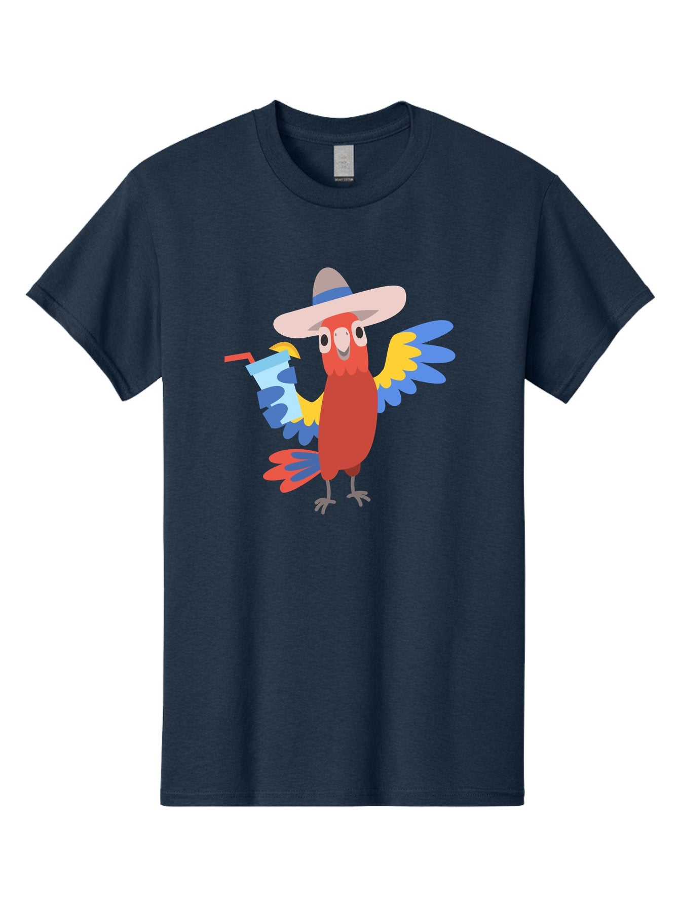 Parrot-In-Hat Men'S Graphic Tee, 100% Cotton, Comfortable Casual Summer Wear, Machine Washable, Colorful Cartoon Parrot, Tropical Bird, Cartoon Character, Wide-Brimmed Hat, Straw Hat, Festive Atmosphere, Playful Design, Vibrant Colors, Aab863 15