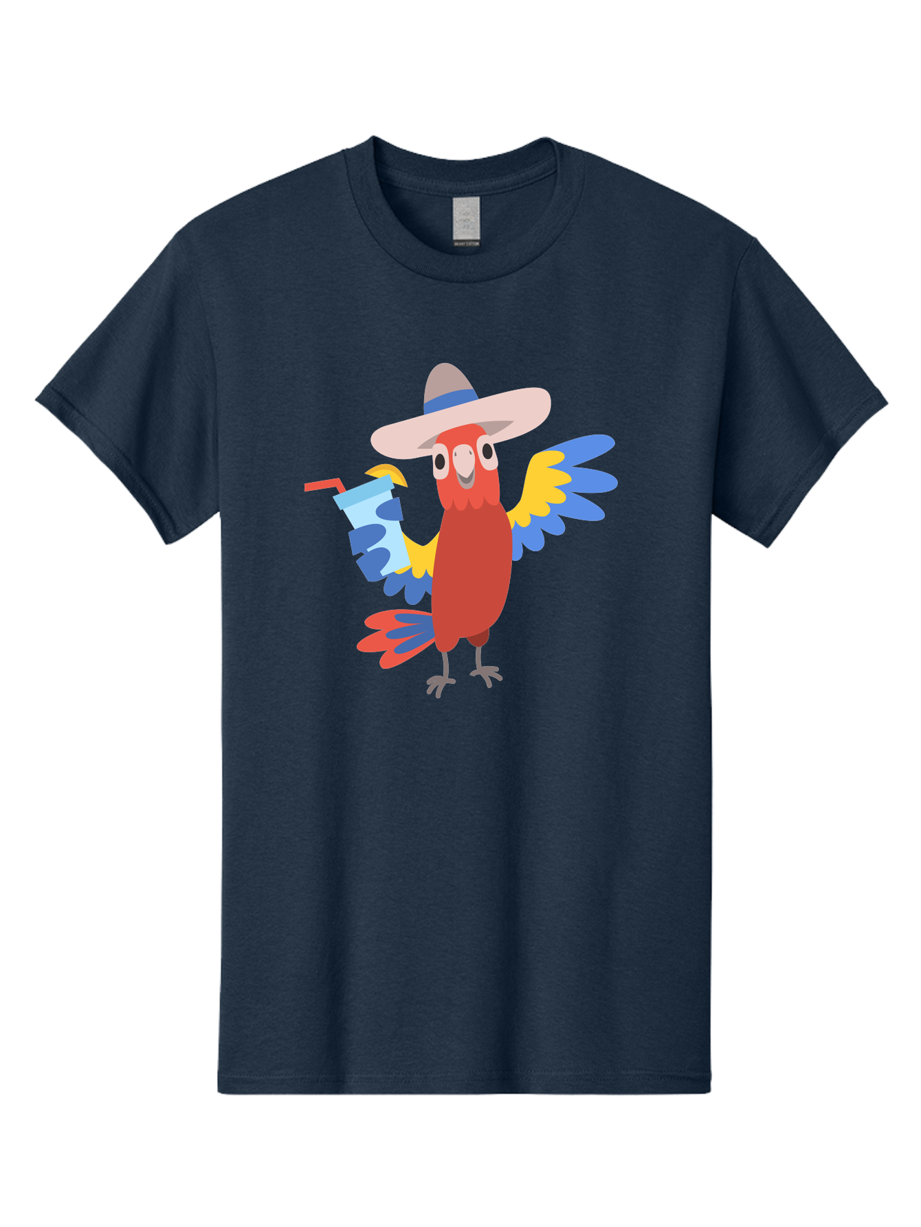 Parrot-In-Hat Men'S Graphic Tee, 100% Cotton, Comfortable Casual Summer Wear, Machine Washable, Colorful Cartoon Parrot, Tropical Bird, Cartoon Character, Wide-Brimmed Hat, Straw Hat, Festive Atmosphere, Playful Design, Vibrant Colors, Aab863