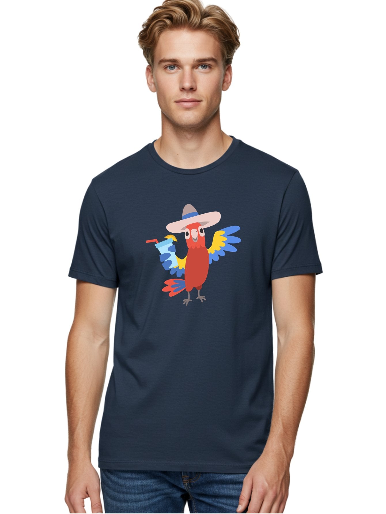 Parrot-In-Hat Men'S Graphic Tee, 100% Cotton, Comfortable Casual Summer Wear, Machine Washable, Colorful Cartoon Parrot, Tropical Bird, Cartoon Character, Wide-Brimmed Hat, Straw Hat, Festive Atmosphere, Playful Design, Vibrant Colors, Aab863 30