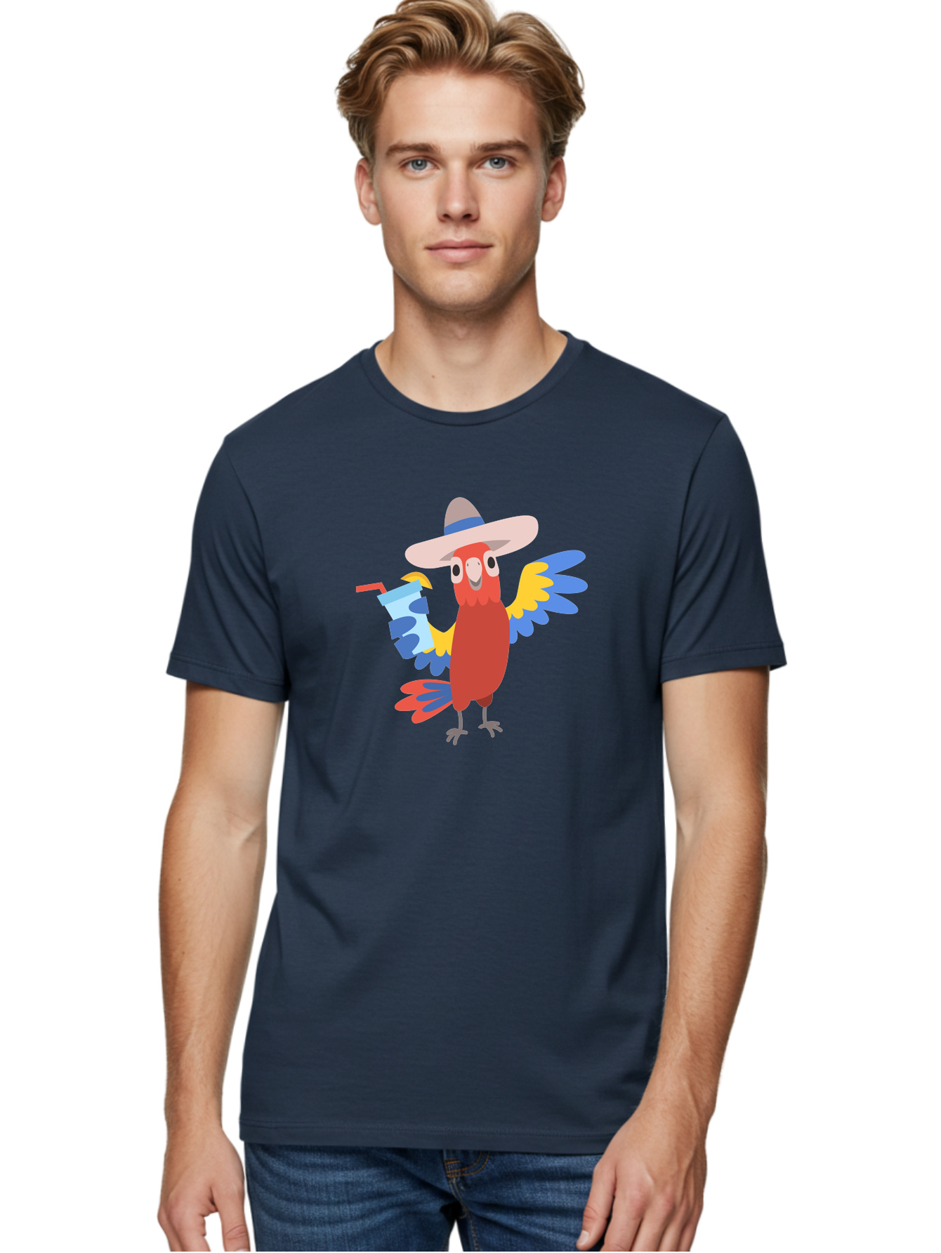 Parrot-In-Hat Men'S Graphic Tee, 100% Cotton, Comfortable Casual Summer Wear, Machine Washable, Colorful Cartoon Parrot, Tropical Bird, Cartoon Character, Wide-Brimmed Hat, Straw Hat, Festive Atmosphere, Playful Design, Vibrant Colors, Aab863