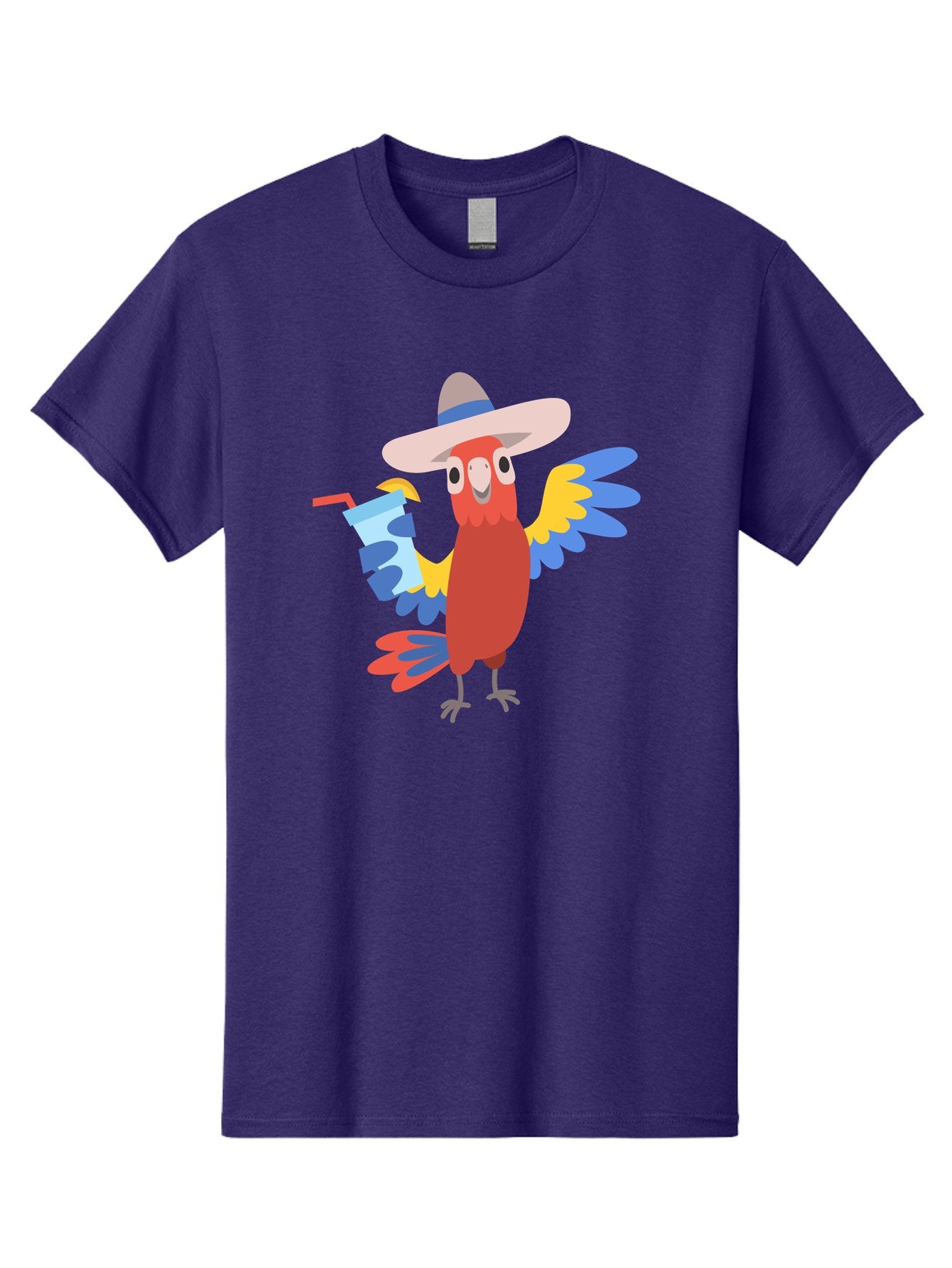 Parrot-In-Hat Men'S Graphic Tee, 100% Cotton, Comfortable Casual Summer Wear, Machine Washable, Colorful Cartoon Parrot, Tropical Bird, Cartoon Character, Wide-Brimmed Hat, Straw Hat, Festive Atmosphere, Playful Design, Vibrant Colors, Aab863 4