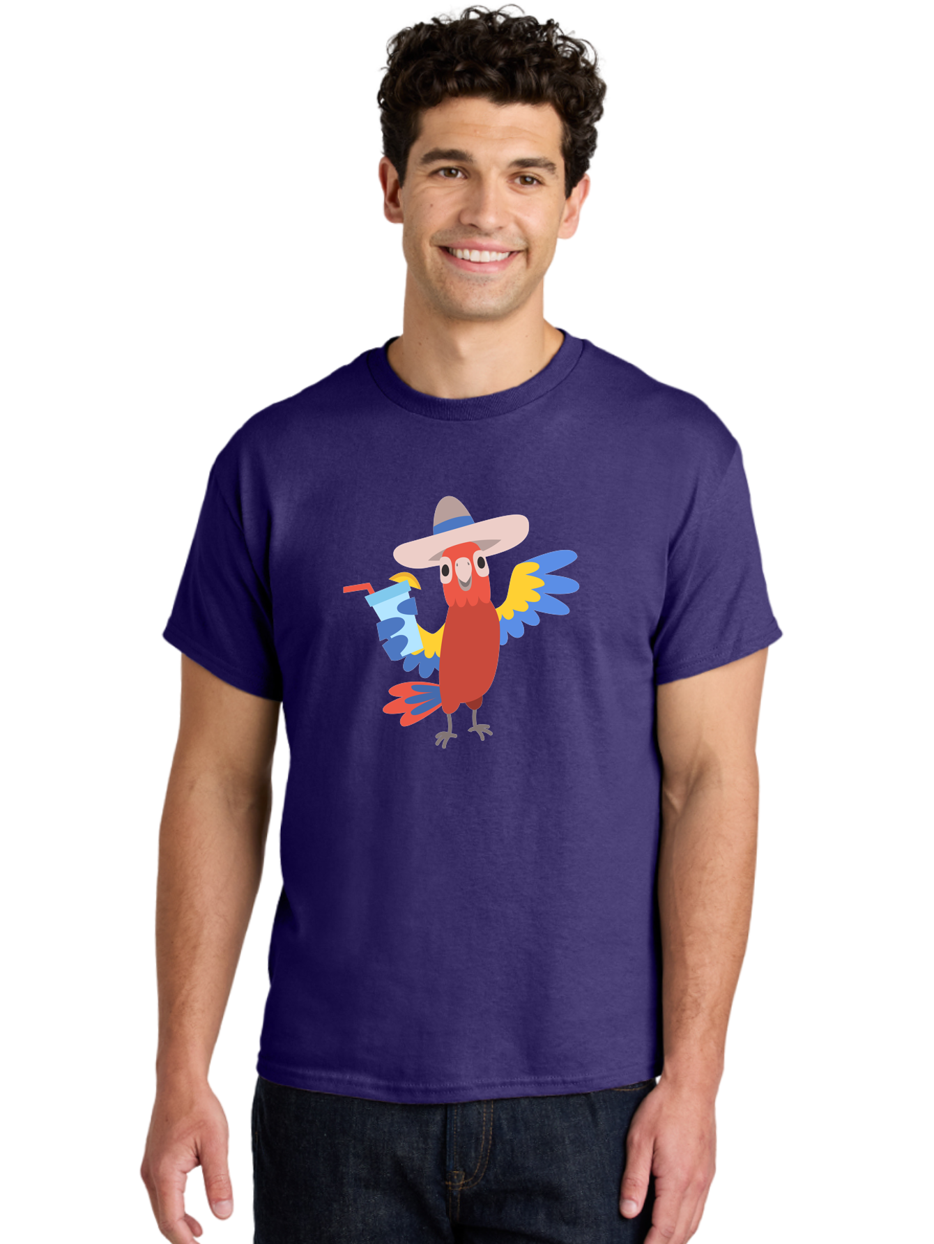 Parrot-In-Hat Men'S Graphic Tee, 100% Cotton, Comfortable Casual Summer Wear, Machine Washable, Colorful Cartoon Parrot, Tropical Bird, Cartoon Character, Wide-Brimmed Hat, Straw Hat, Festive Atmosphere, Playful Design, Vibrant Colors, Aab863 24
