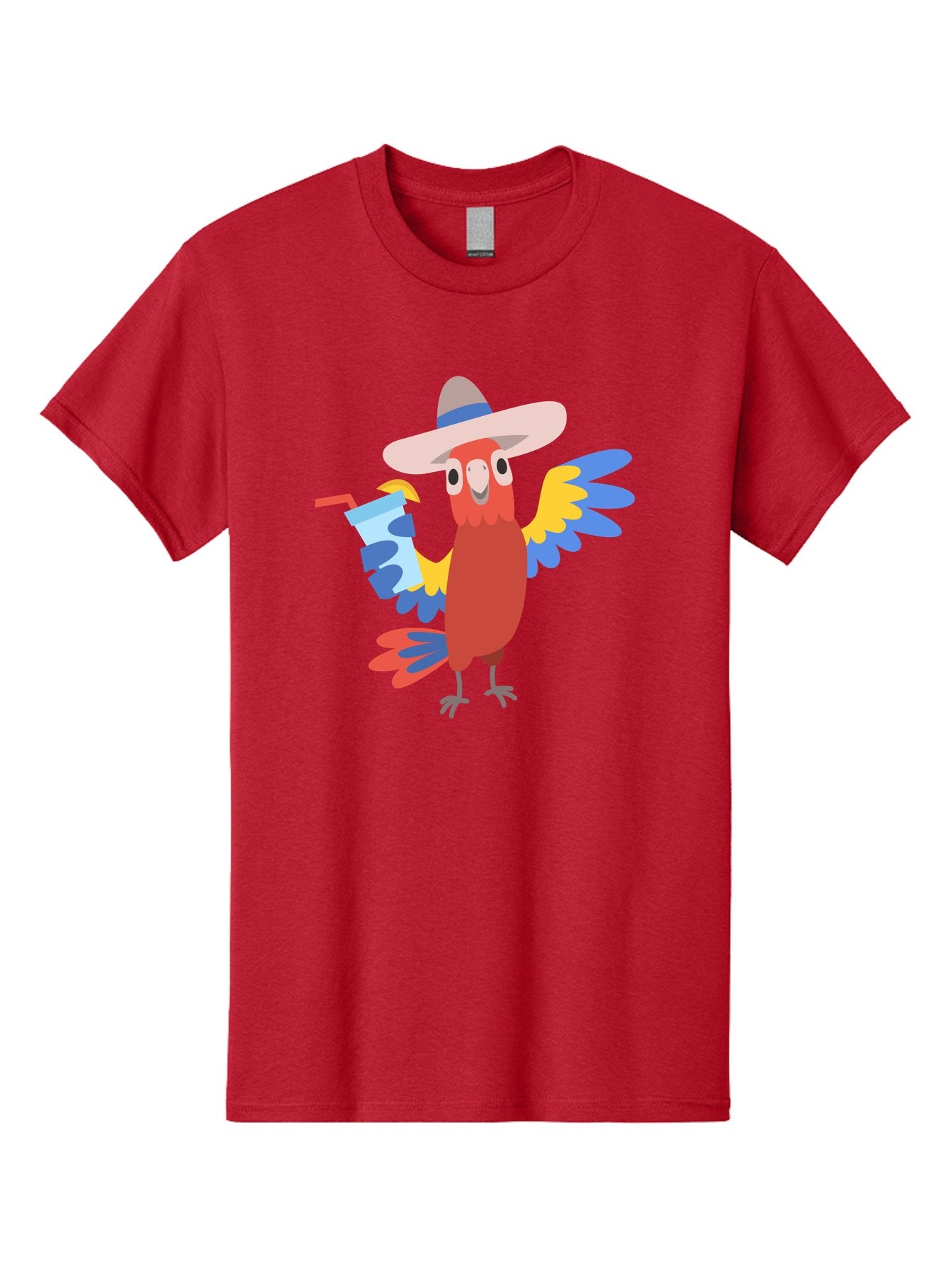 Parrot-In-Hat Men'S Graphic Tee, 100% Cotton, Comfortable Casual Summer Wear, Machine Washable, Colorful Cartoon Parrot, Tropical Bird, Cartoon Character, Wide-Brimmed Hat, Straw Hat, Festive Atmosphere, Playful Design, Vibrant Colors, Aab863 11