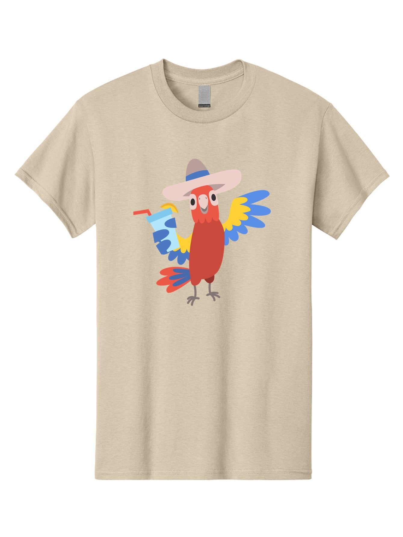 Parrot-In-Hat Men'S Graphic Tee, 100% Cotton, Comfortable Casual Summer Wear, Machine Washable, Colorful Cartoon Parrot, Tropical Bird, Cartoon Character, Wide-Brimmed Hat, Straw Hat, Festive Atmosphere, Playful Design, Vibrant Colors, Aab863 8