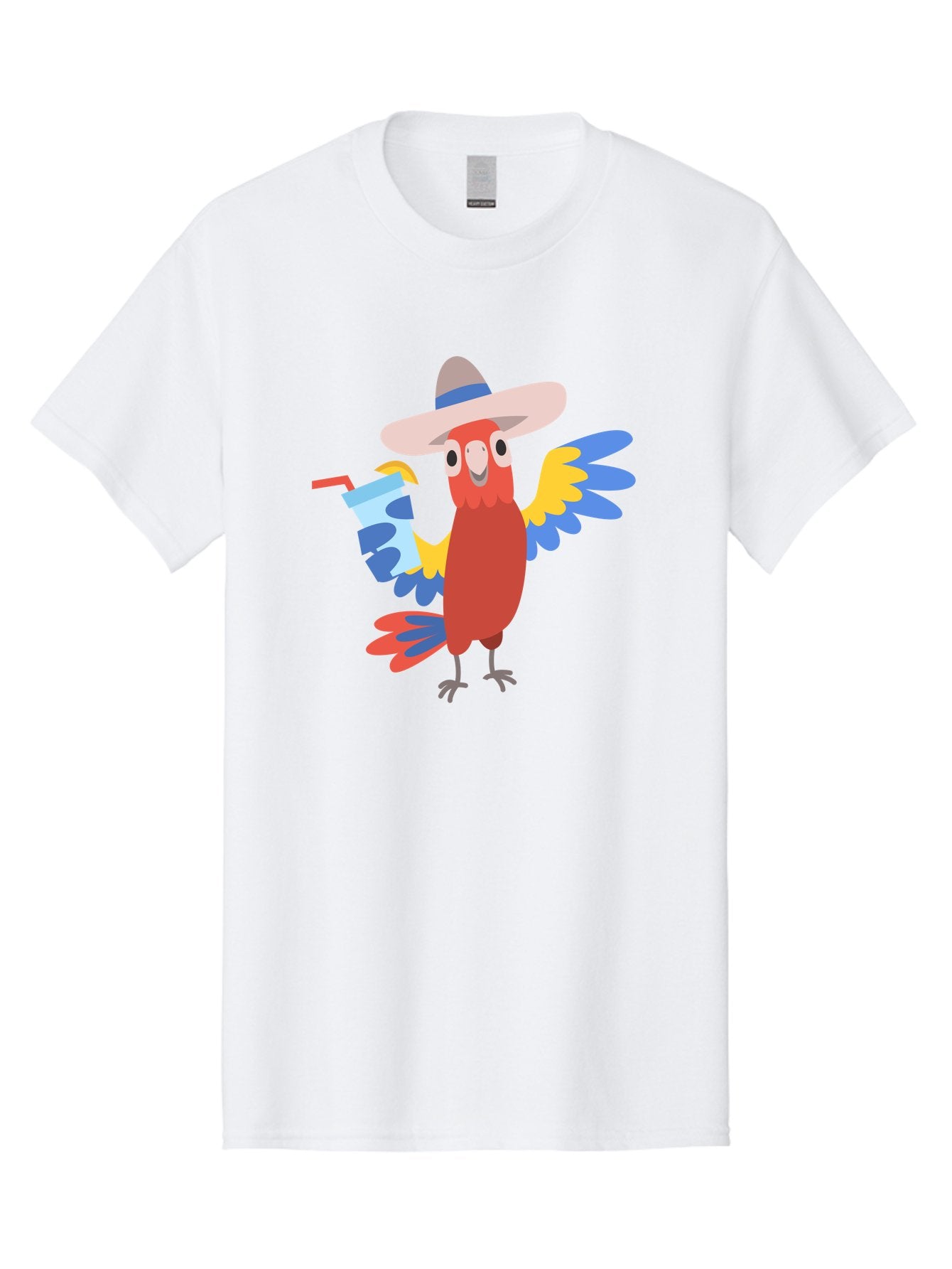 Parrot-In-Hat Men'S Graphic Tee, 100% Cotton, Comfortable Casual Summer Wear, Machine Washable, Colorful Cartoon Parrot, Tropical Bird, Cartoon Character, Wide-Brimmed Hat, Straw Hat, Festive Atmosphere, Playful Design, Vibrant Colors, Aab863 12
