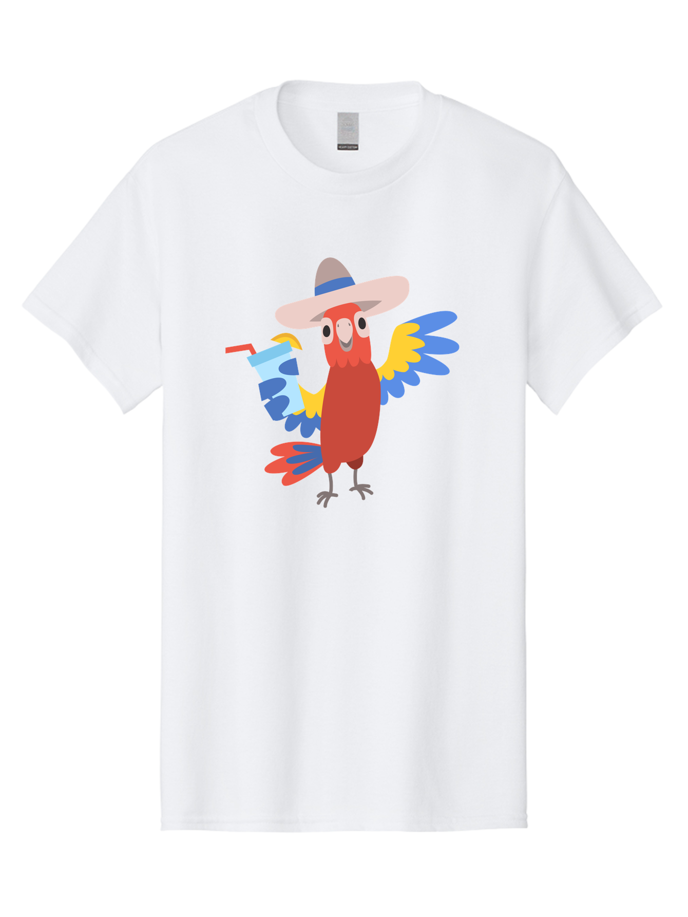 Parrot-In-Hat Men'S Graphic Tee, 100% Cotton, Comfortable Casual Summer Wear, Machine Washable, Colorful Cartoon Parrot, Tropical Bird, Cartoon Character, Wide-Brimmed Hat, Straw Hat, Festive Atmosphere, Playful Design, Vibrant Colors, Aab863 5