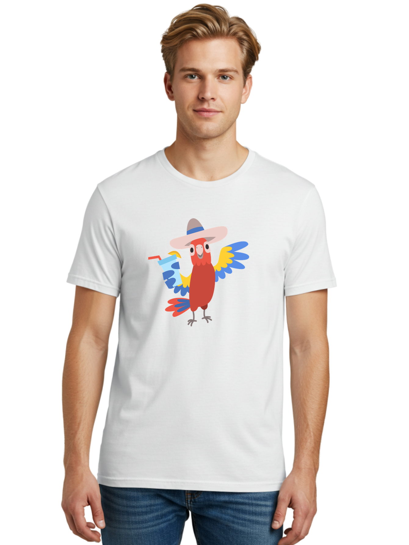 Parrot-In-Hat Men'S Graphic Tee, 100% Cotton, Comfortable Casual Summer Wear, Machine Washable, Colorful Cartoon Parrot, Tropical Bird, Cartoon Character, Wide-Brimmed Hat, Straw Hat, Festive Atmosphere, Playful Design, Vibrant Colors, Aab863 6