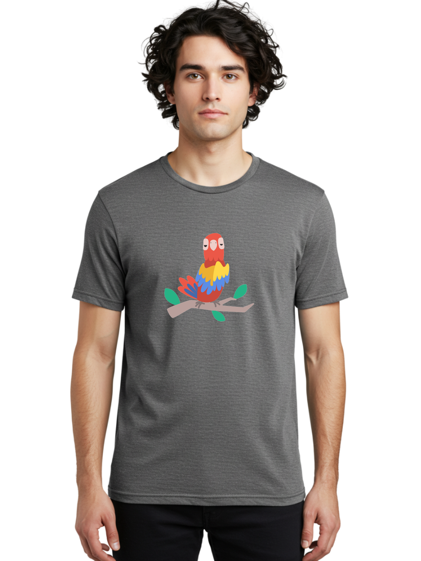 Parrot-On-Branch Men'S Graphic Tee, 100% Cotton, Comfortable Casual Summer Wear, Machine Washable, Colorful Parrot, Cartoon Bird, Vibrant Plumage, Red, Blue, And Yellow Feathers, Sitting On A Tree Branch, Green Leaves, Tropical Bird, Aab865 10
