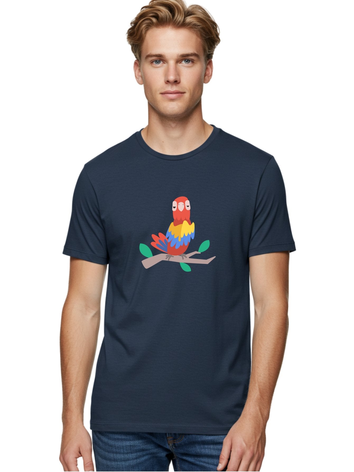 Parrot-On-Branch Men'S Graphic Tee, 100% Cotton, Comfortable Casual Summer Wear, Machine Washable, Colorful Parrot, Cartoon Bird, Vibrant Plumage, Red, Blue, And Yellow Feathers, Sitting On A Tree Branch, Green Leaves, Tropical Bird, Aab865 22