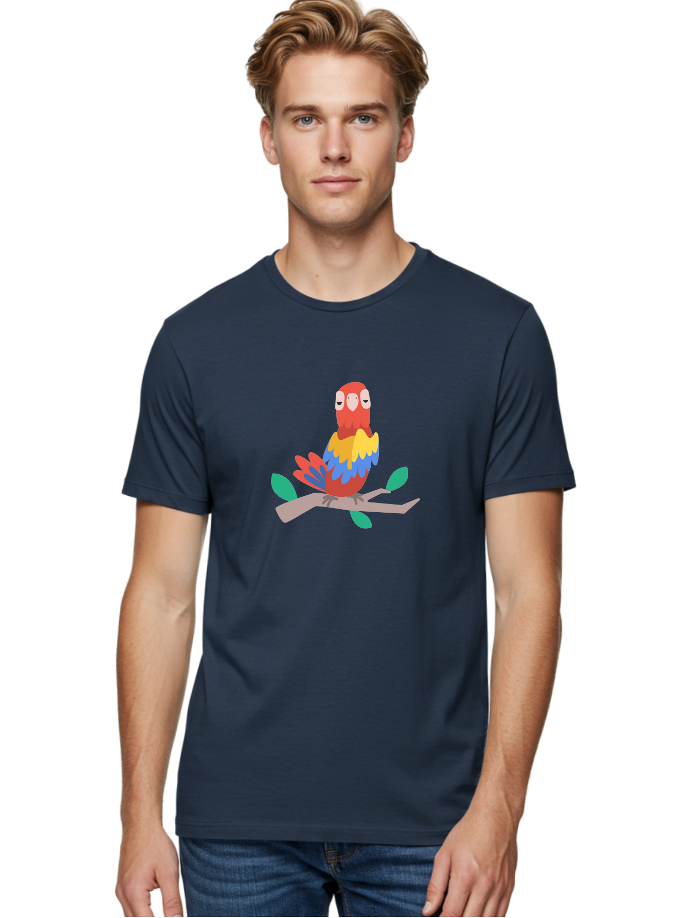 Parrot-On-Branch Men'S Graphic Tee, 100% Cotton, Comfortable Casual Summer Wear, Machine Washable, Colorful Parrot, Cartoon Bird, Vibrant Plumage, Red, Blue, And Yellow Feathers, Sitting On A Tree Branch, Green Leaves, Tropical Bird, Aab865 18