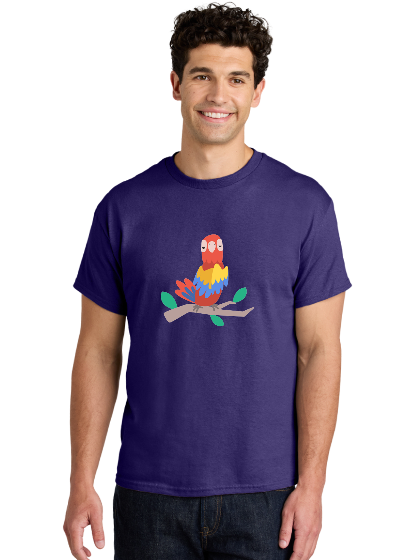 Parrot-On-Branch Men'S Graphic Tee, 100% Cotton, Comfortable Casual Summer Wear, Machine Washable, Colorful Parrot, Cartoon Bird, Vibrant Plumage, Red, Blue, And Yellow Feathers, Sitting On A Tree Branch, Green Leaves, Tropical Bird, Aab865 14