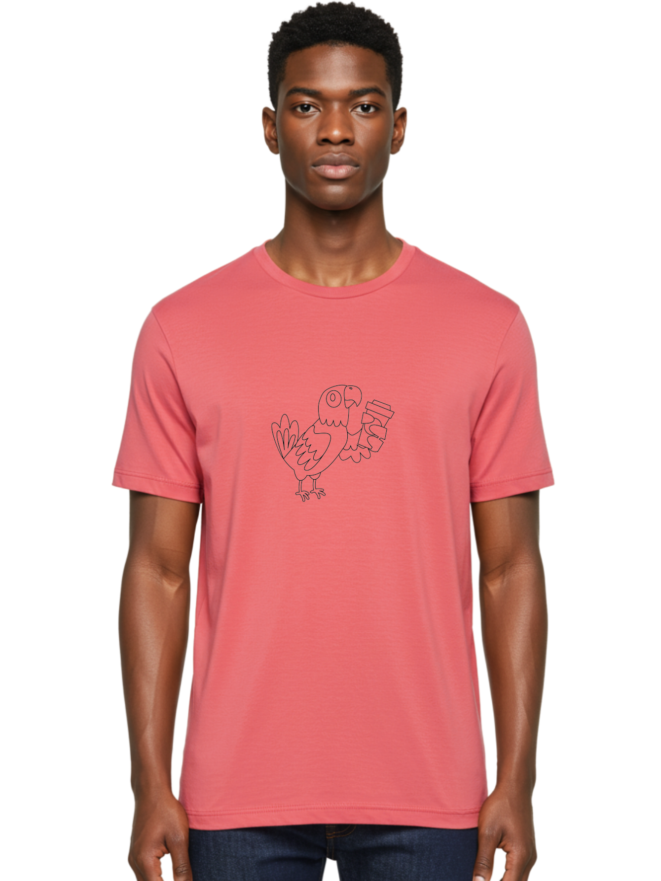 Parrot-With-Coffee Men'S Graphic Tee, 100% Cotton, Comfortable Casual Summer Wear, Machine Washable, Parrot Holding Coffee Cup, Cartoon Bird, Coffee Lover, Funny Animal, Quirky Character, Line Art, Simple Design, Humorous Illustration Aab868 14