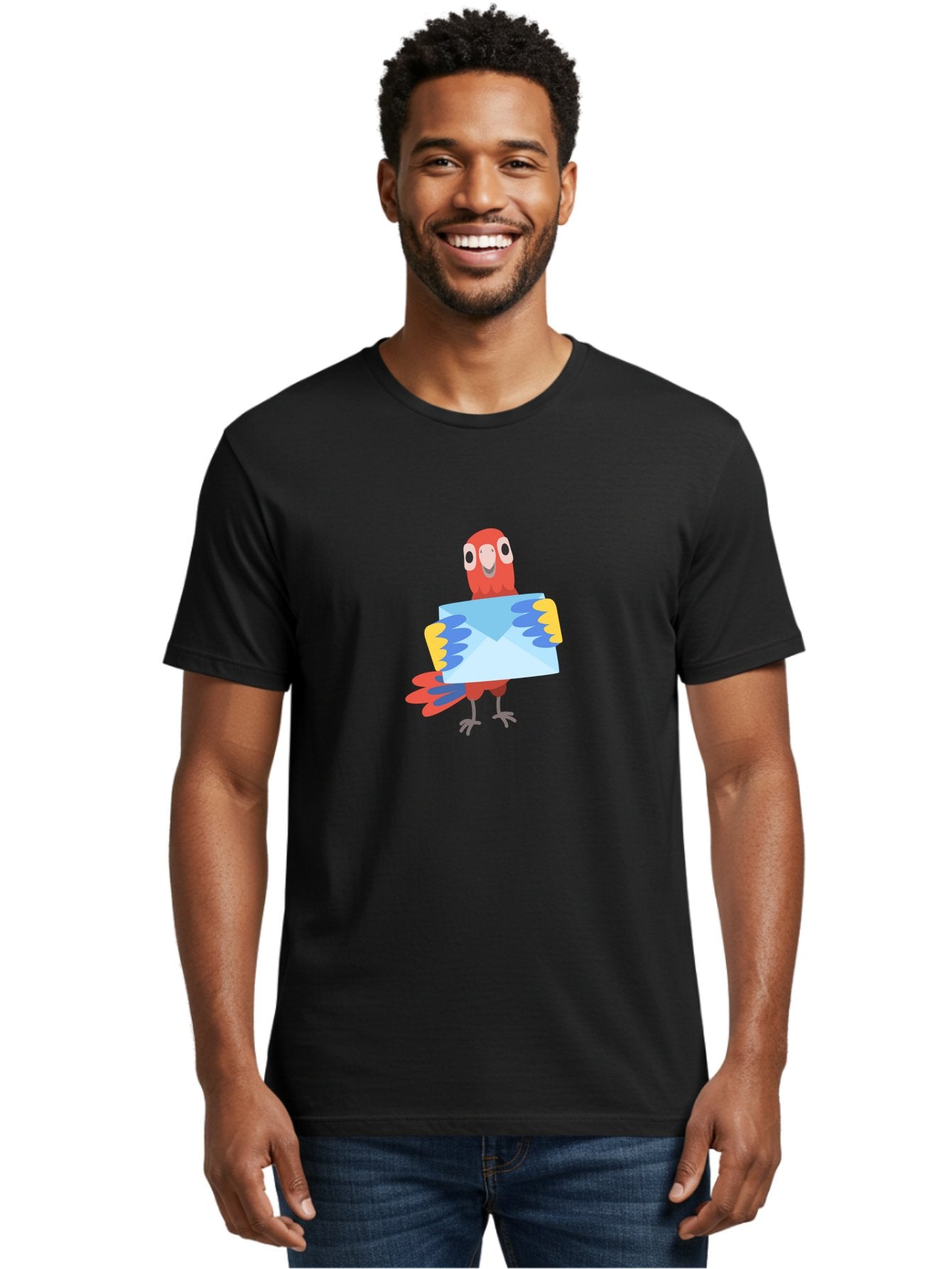 Parrot-With-Envelope Men'S Graphic Tee, 100% Cotton, Comfortable Casual Summer Wear, Machine Washable, Cartoon Parrot, Red Parrot, Colorful Wings, Blue Envelope, Email Concept, Digital Communication, Vibrant Colors, Playful Design, Aab870 22