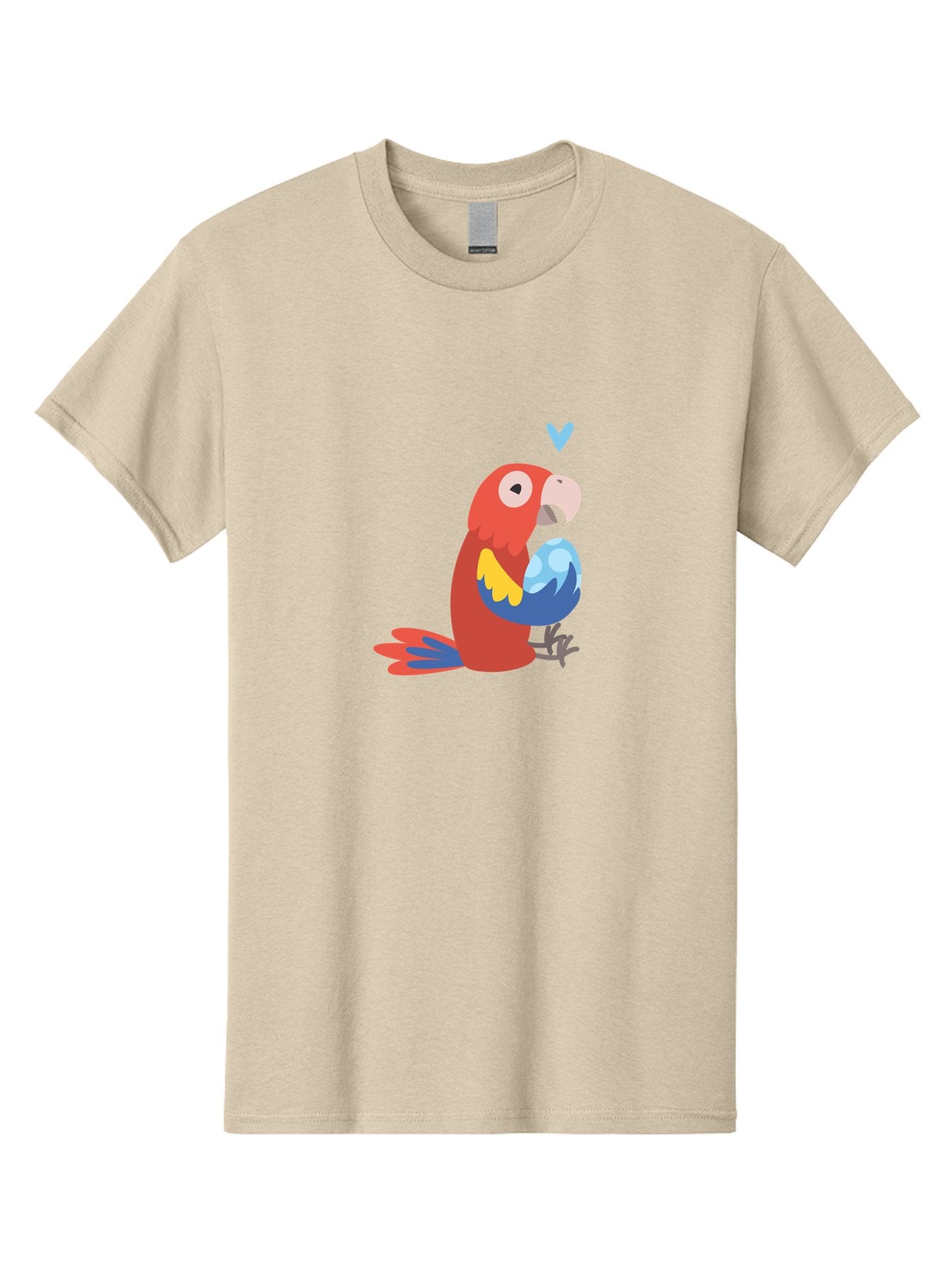 Parrot-With-Globe Men'S Graphic Tee, 100% Cotton, Comfortable Casual Summer Wear, Machine Washable, Cartoon Parrot, Colorful Plumage, Vibrant Bird, Blue And Red Feathers, Yellow Wing, Heart Symbol, Cute Animal, Illustration Art, Aab871