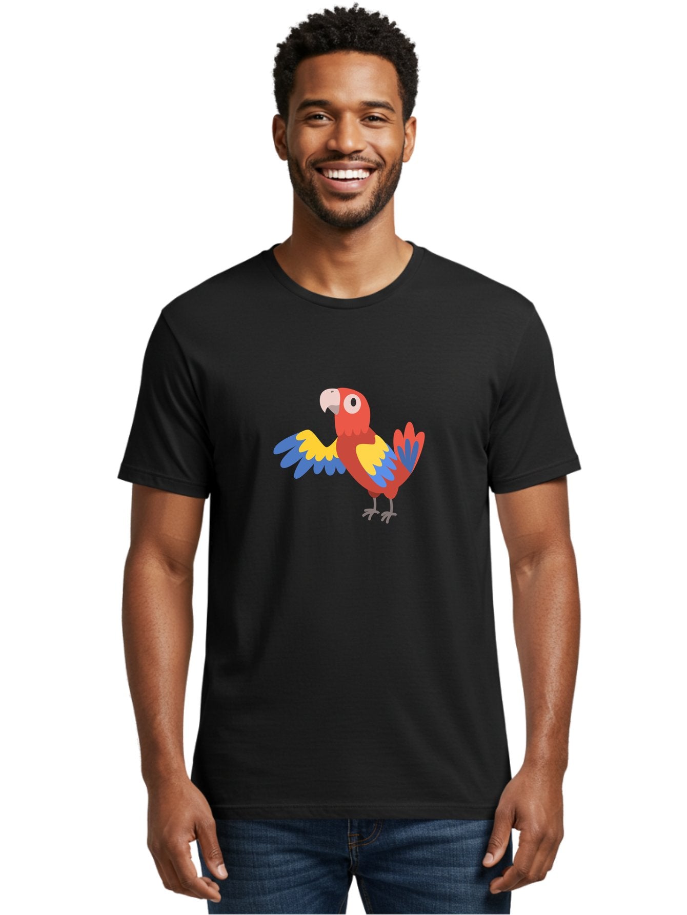 Parrot Men'S Graphic Tee, 100% Cotton, Comfortable Casual Summer Wear, Machine Washable, Vibrant Parrot, Colorful Bird, Tropical Parrot, Cartoon Parrot, Parrot Illustration, Red Parrot, Blue And Yellow Wings, White Beak, Simple Art, Aab872 23