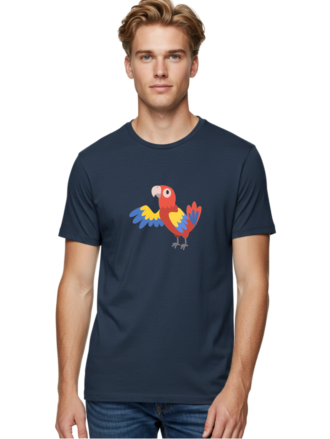 Parrot Men'S Graphic Tee, 100% Cotton, Comfortable Casual Summer Wear, Machine Washable, Vibrant Parrot, Colorful Bird, Tropical Parrot, Cartoon Parrot, Parrot Illustration, Red Parrot, Blue And Yellow Wings, White Beak, Simple Art, Aab872 22