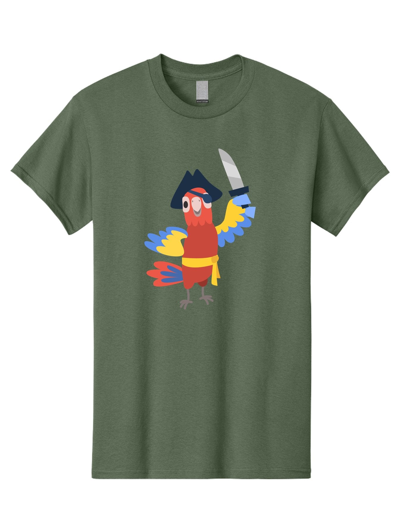 Pirate-Parrot-1 Men'S Graphic Tee, 100% Cotton, Comfortable Casual Summer Wear, Machine Washable, Cartoon Parrot, Pirate Character, Pirate Hat, Eye Patch, Sword, Yellow Sash, Colorful Plumage, Swashbuckling, Pirate-Themed, Aab874