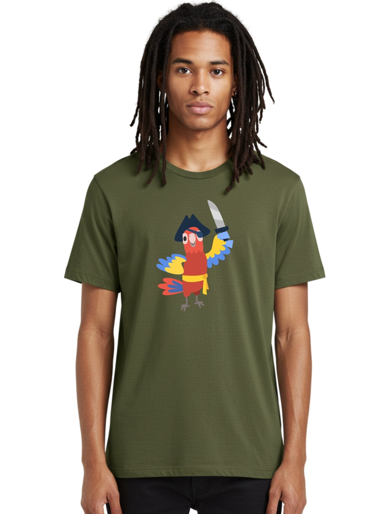 Pirate-Parrot-1 Men'S Graphic Tee, 100% Cotton, Comfortable Casual Summer Wear, Machine Washable, Cartoon Parrot, Pirate Character, Pirate Hat, Eye Patch, Sword, Yellow Sash, Colorful Plumage, Swashbuckling, Pirate-Themed, Aab874 19