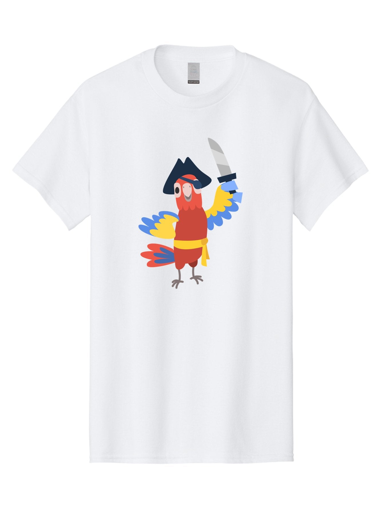 Pirate-Parrot-1 Men'S Graphic Tee, 100% Cotton, Comfortable Casual Summer Wear, Machine Washable, Cartoon Parrot, Pirate Character, Pirate Hat, Eye Patch, Sword, Yellow Sash, Colorful Plumage, Swashbuckling, Pirate-Themed, Aab874