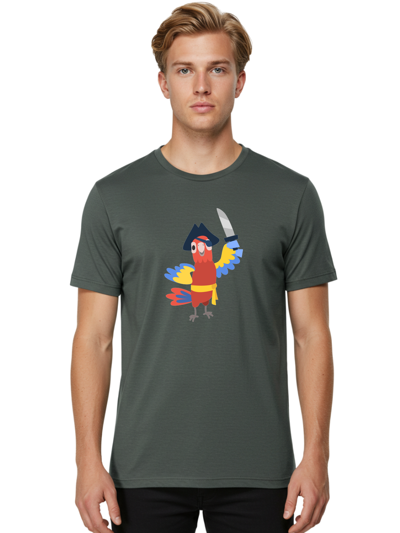 Pirate-Parrot Men'S Graphic Tee, 100% Cotton, Comfortable Casual Summer Wear, Machine Washable, Colorful Parrot Pirate, Pirate Bird Character, Swashbuckling Parrot, Pirate Hat, Pirate Sword, Cartoon Parrot, Pirate Costume, Red Parrot, Aab876