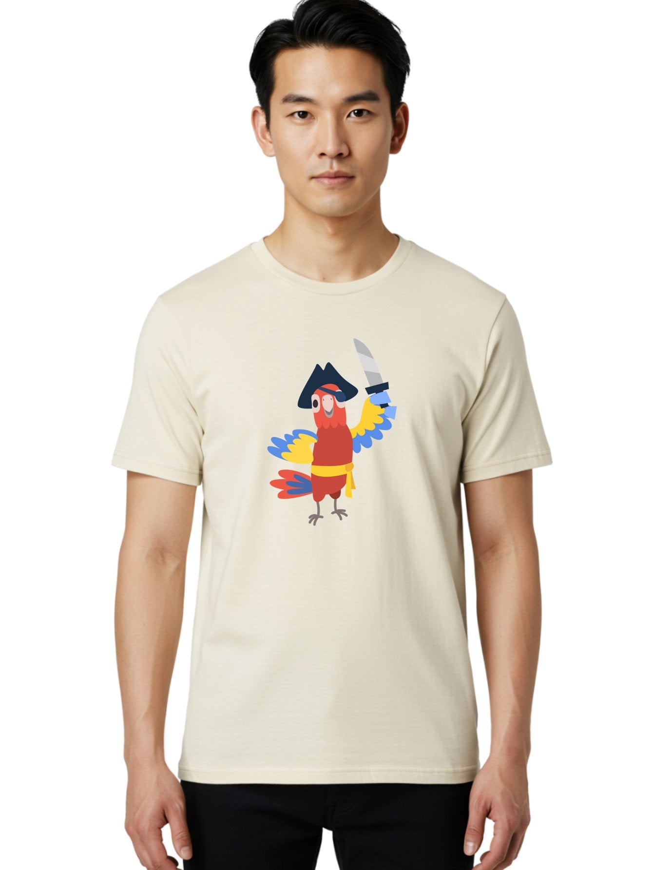 Pirate-Parrot Men'S Graphic Tee, 100% Cotton, Comfortable Casual Summer Wear, Machine Washable, Colorful Parrot Pirate, Pirate Bird Character, Swashbuckling Parrot, Pirate Hat, Pirate Sword, Cartoon Parrot, Pirate Costume, Red Parrot, Aab876 16